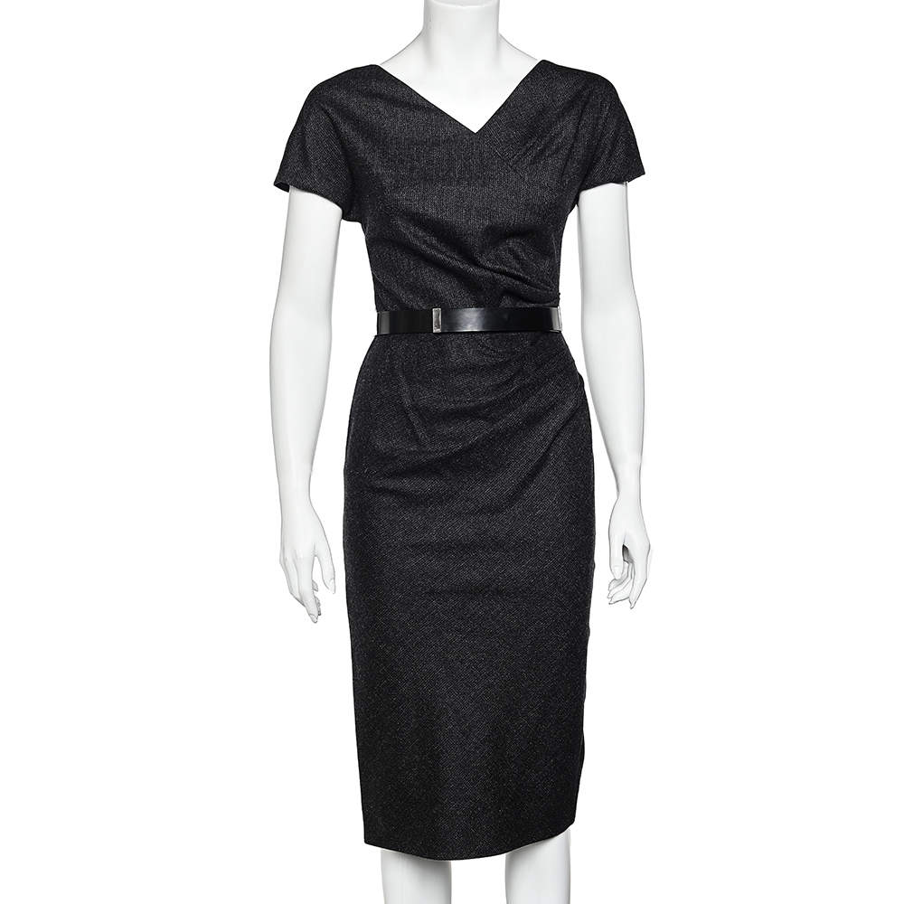 Christian Dior Charcoal Grey Wool Draped Detail Midi Dress S