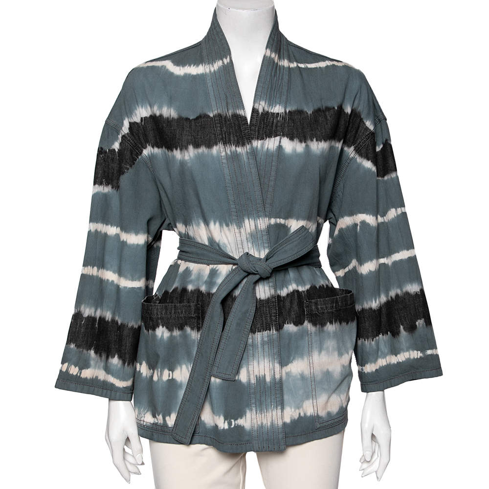 Pre Owned Dior Blue Tie-Dye Effect Cotton Palto Belted Jacket M