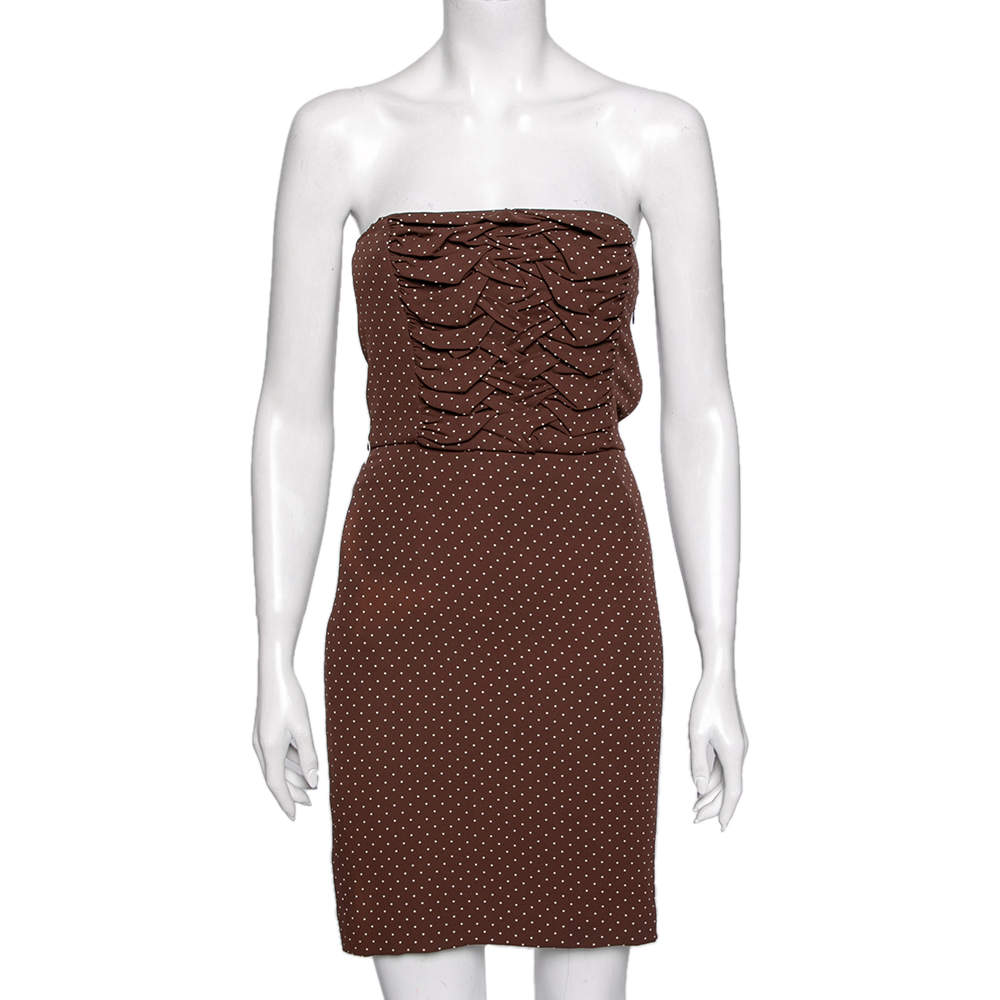 Pre Owned Dior Brown Polka Dot Print Silk Ruched Panel Detail Strapless Dress S