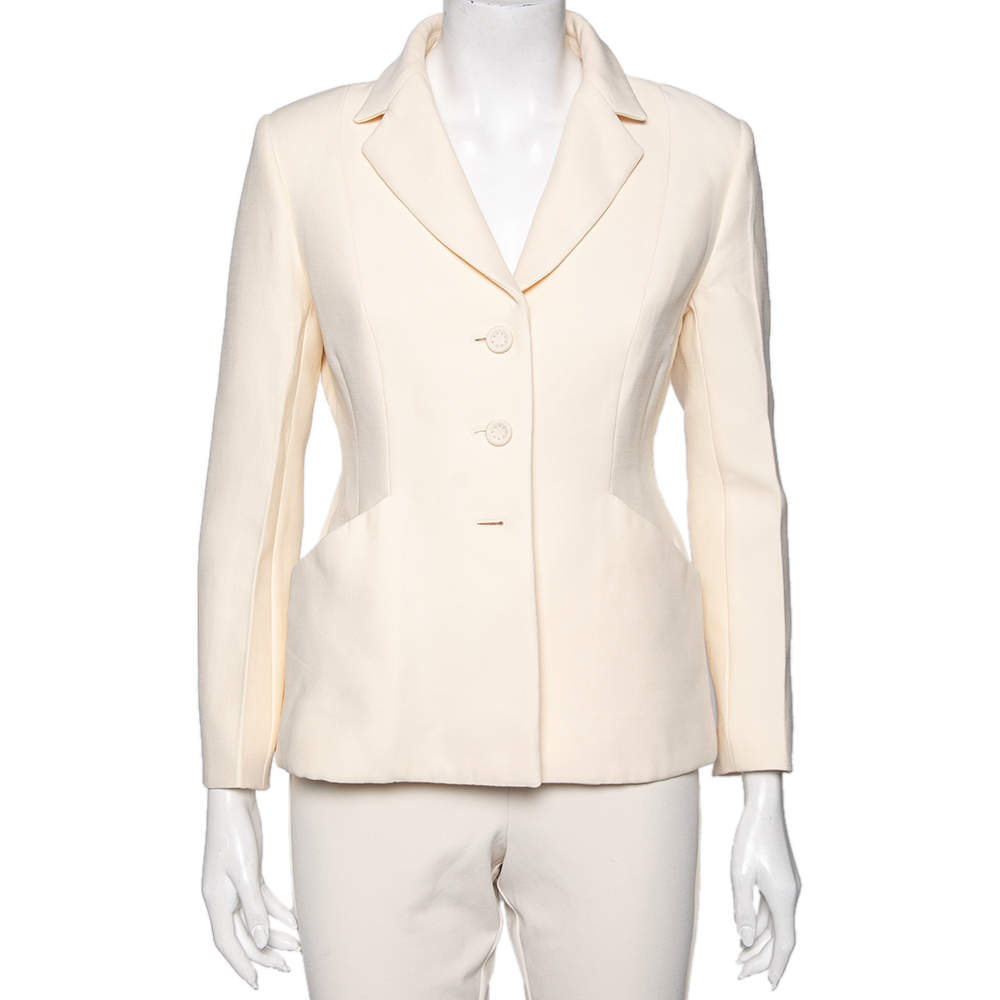 Pre Owned Dior Cream Wool Button Front Fitted Blazer M