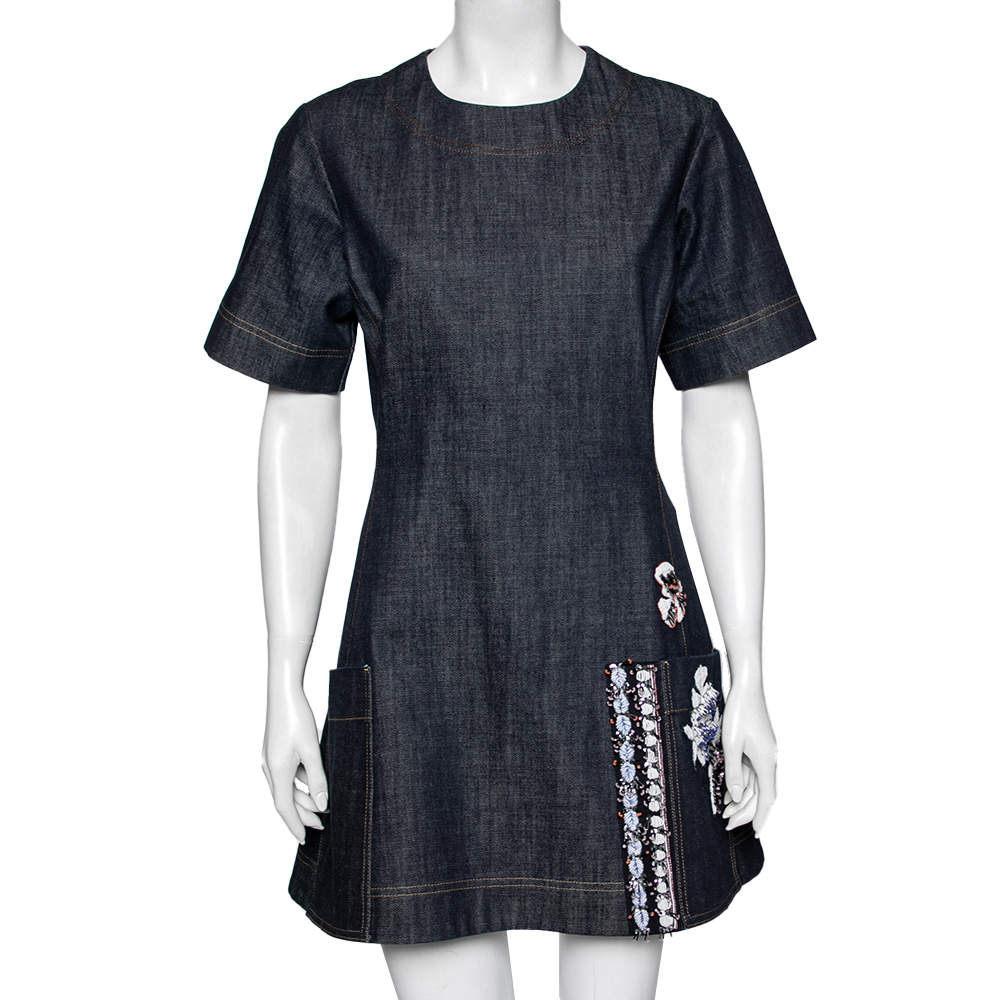 Pre Owned Dior Blue Denim Floral Embellished Short Sleeve Dress L