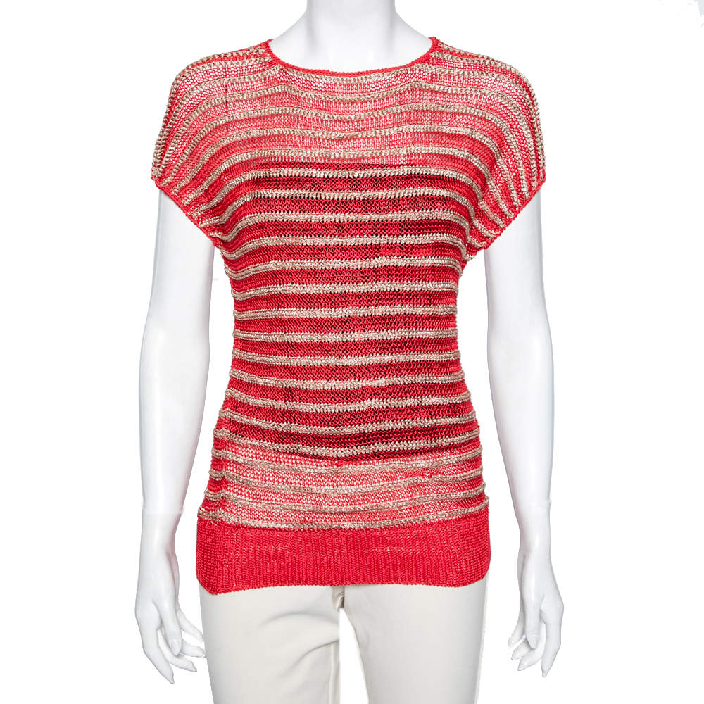 Dior Vintage Red & Gold Striped Lurex Knit Short Sleeve Top M