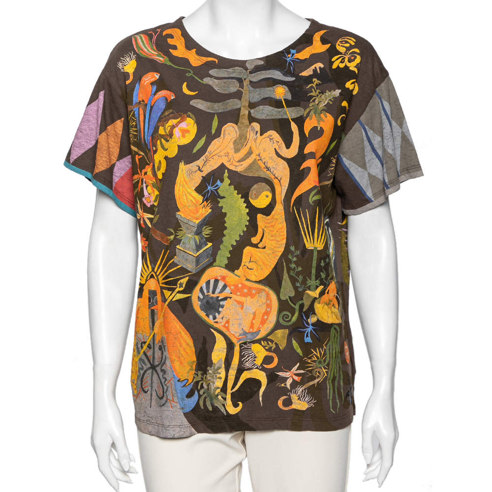 Pre Owned Dior Brown Printed Cotton Short Sleeve T-Shirt M