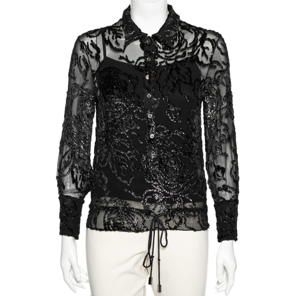 Christian Dior Vintage Black Devore Waist Tie Detail Button Front Shirt M