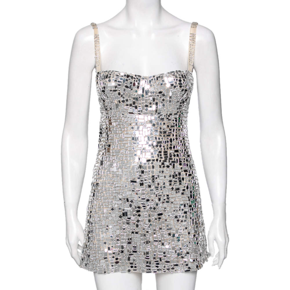 مملوكة مسبقًا Dior Silver Mirror Embellished Mesh Mini Dress S