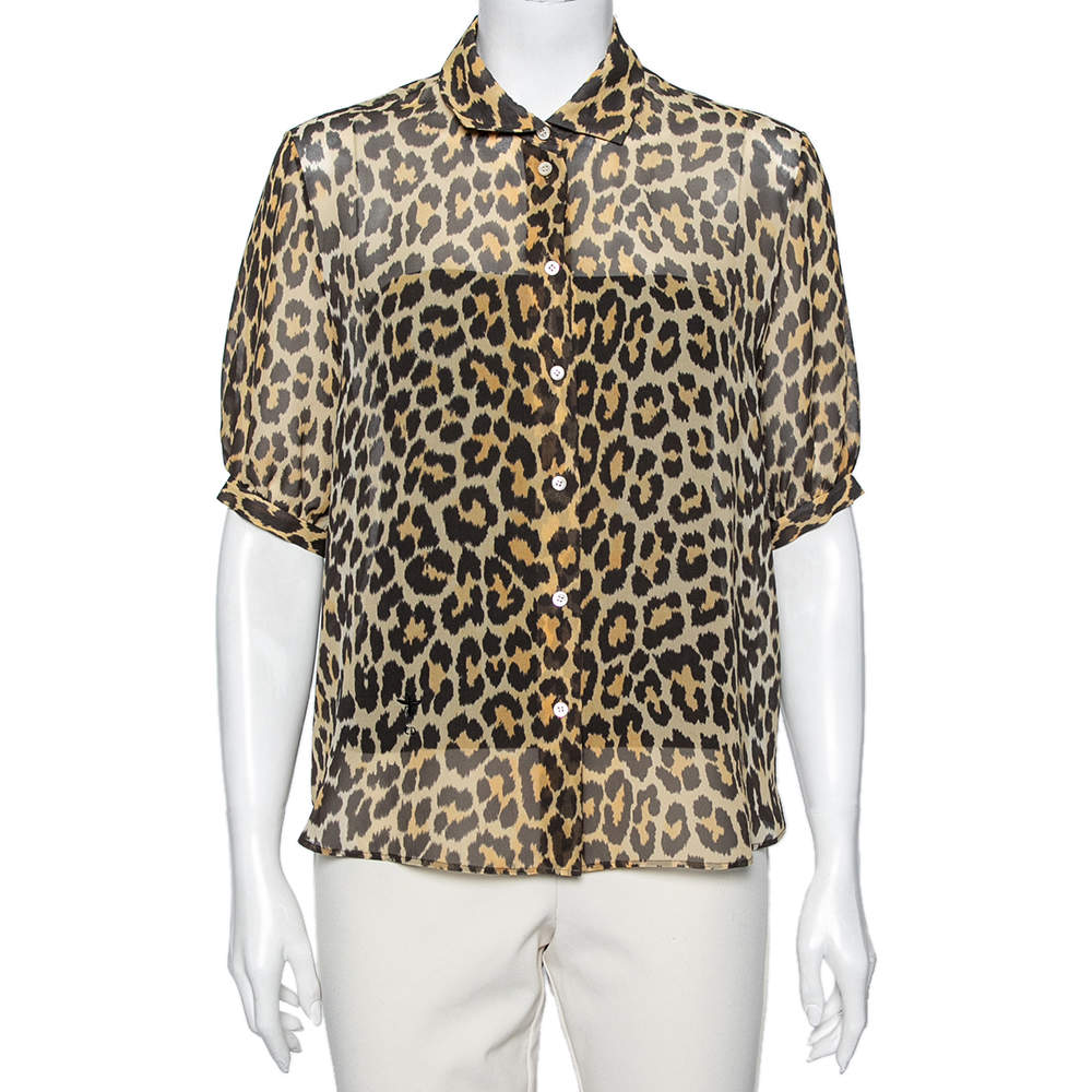 Dior Brown Leopard Printed Silk Puffed Short Sleeve Blouse L