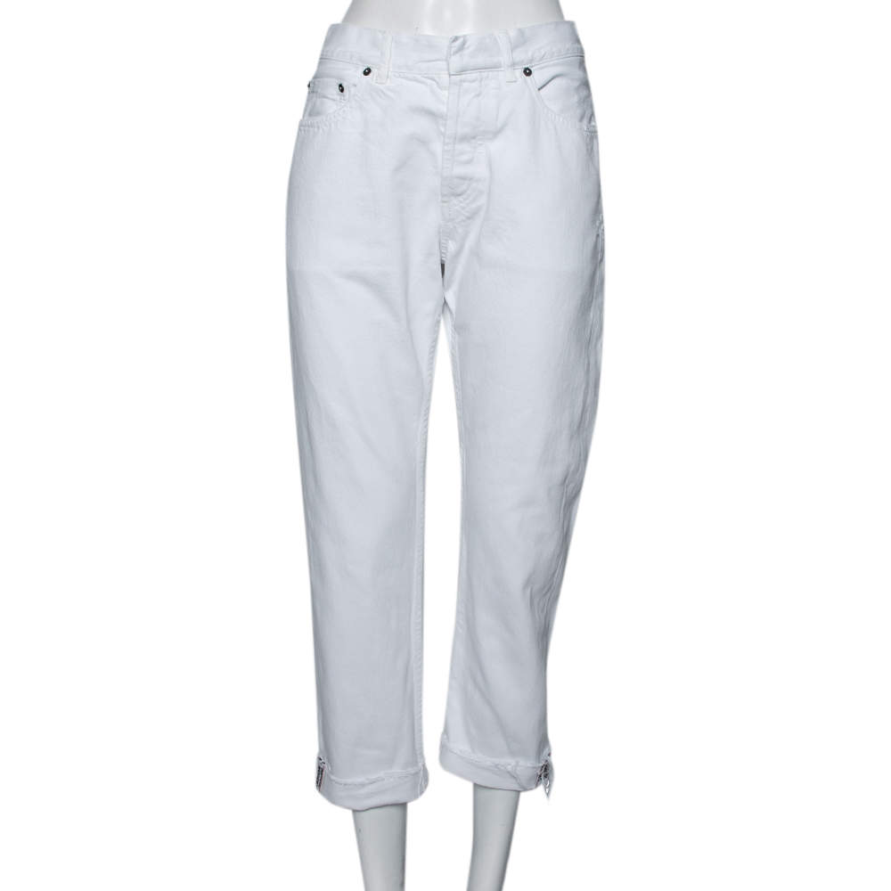 Dior White Denim Frayed Edge Detail Boyfriend Jeans M