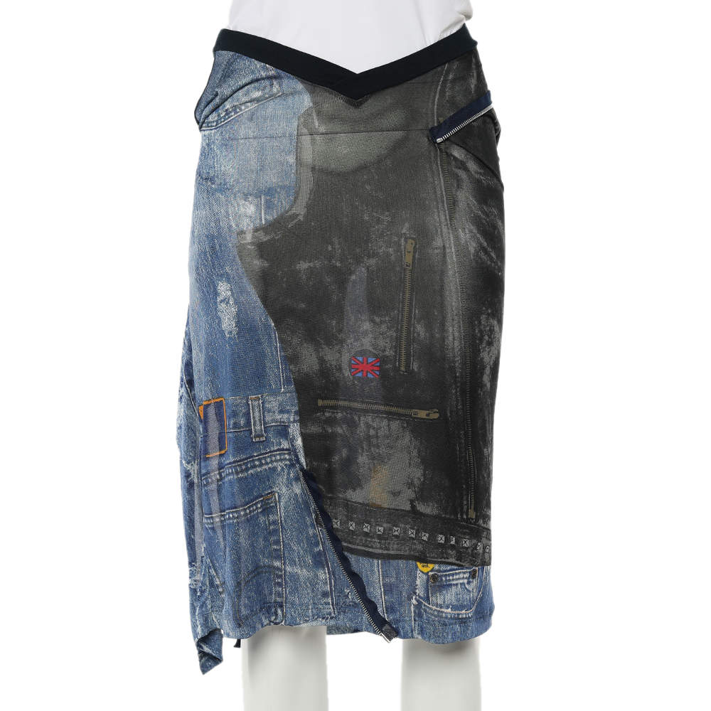 Christian Dior Boutique Navy Blue Denim Printed Silk Knit Asymmetric Skirt M