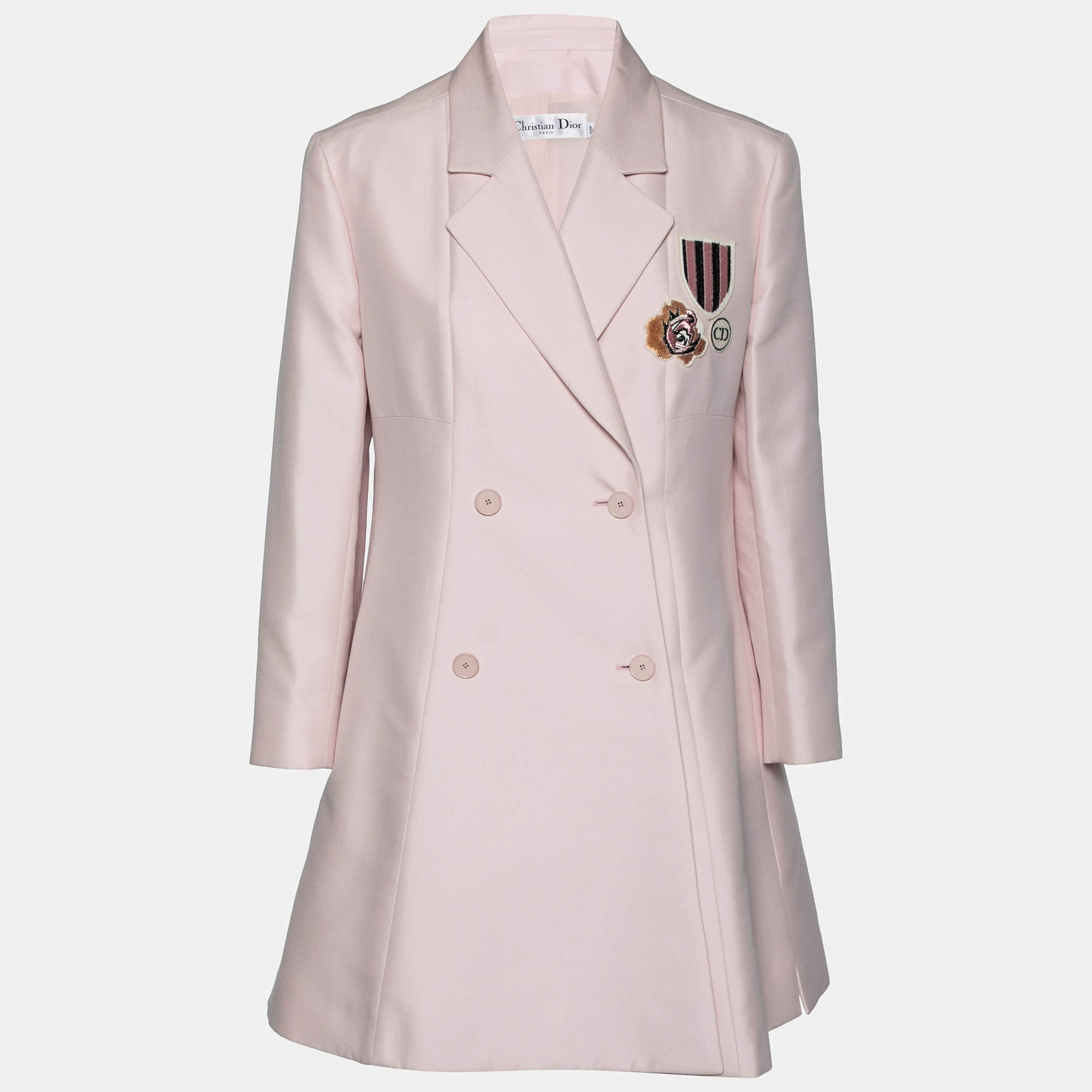 Dior Pink Cotton Applique Detail Double Breasted Coat L
