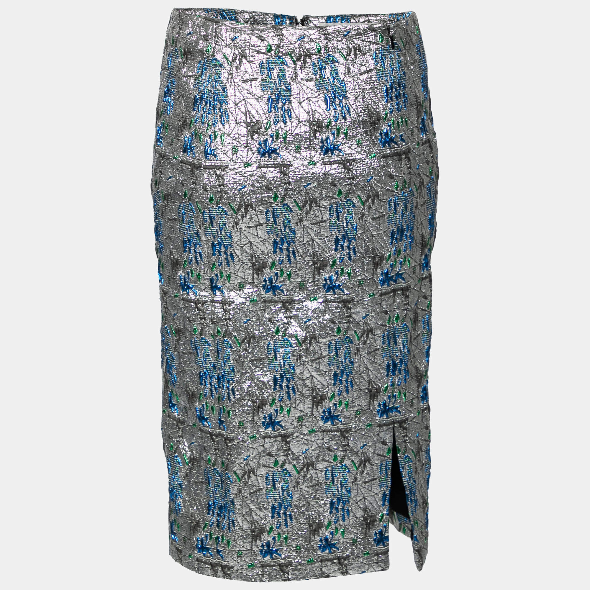 Pre Owned Dior Silver & Blue Patterned Brocade Knee Length Skirt M