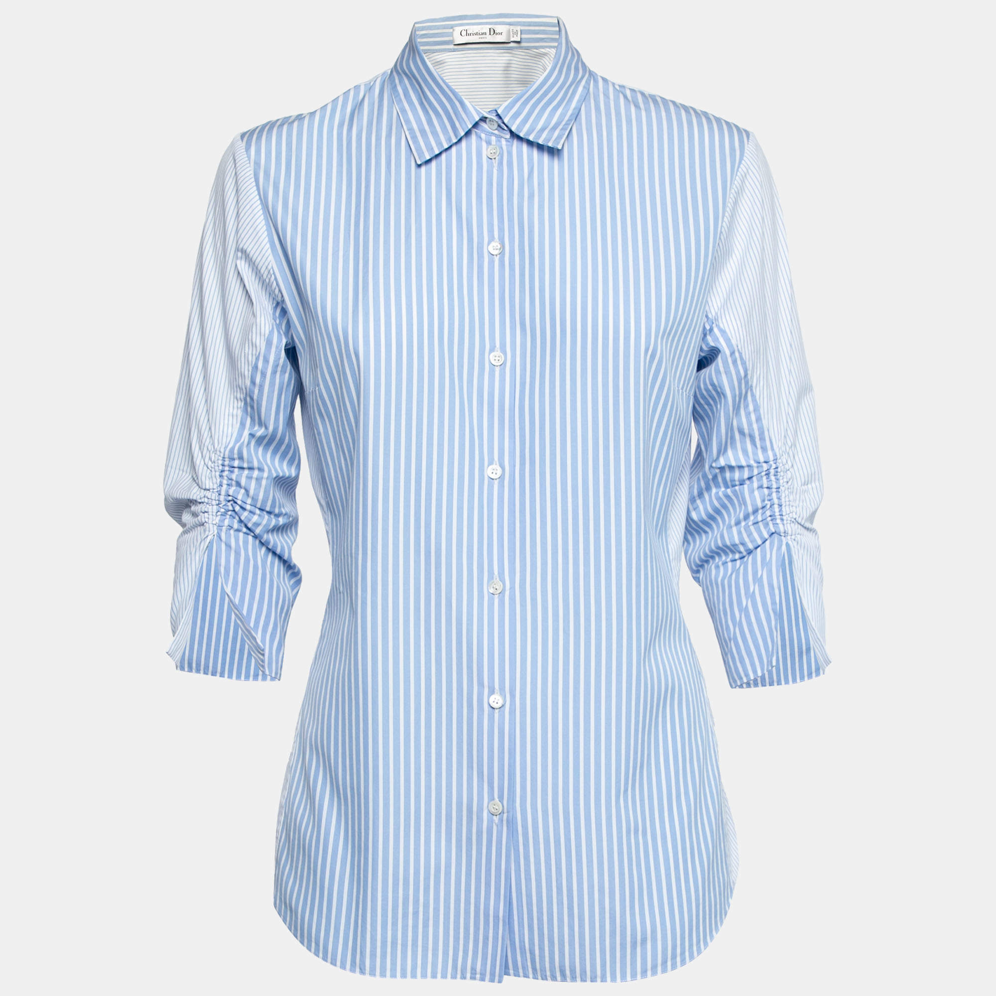 Pre Owned Dior Blue & White Striped Cotton Button Front Shirt M