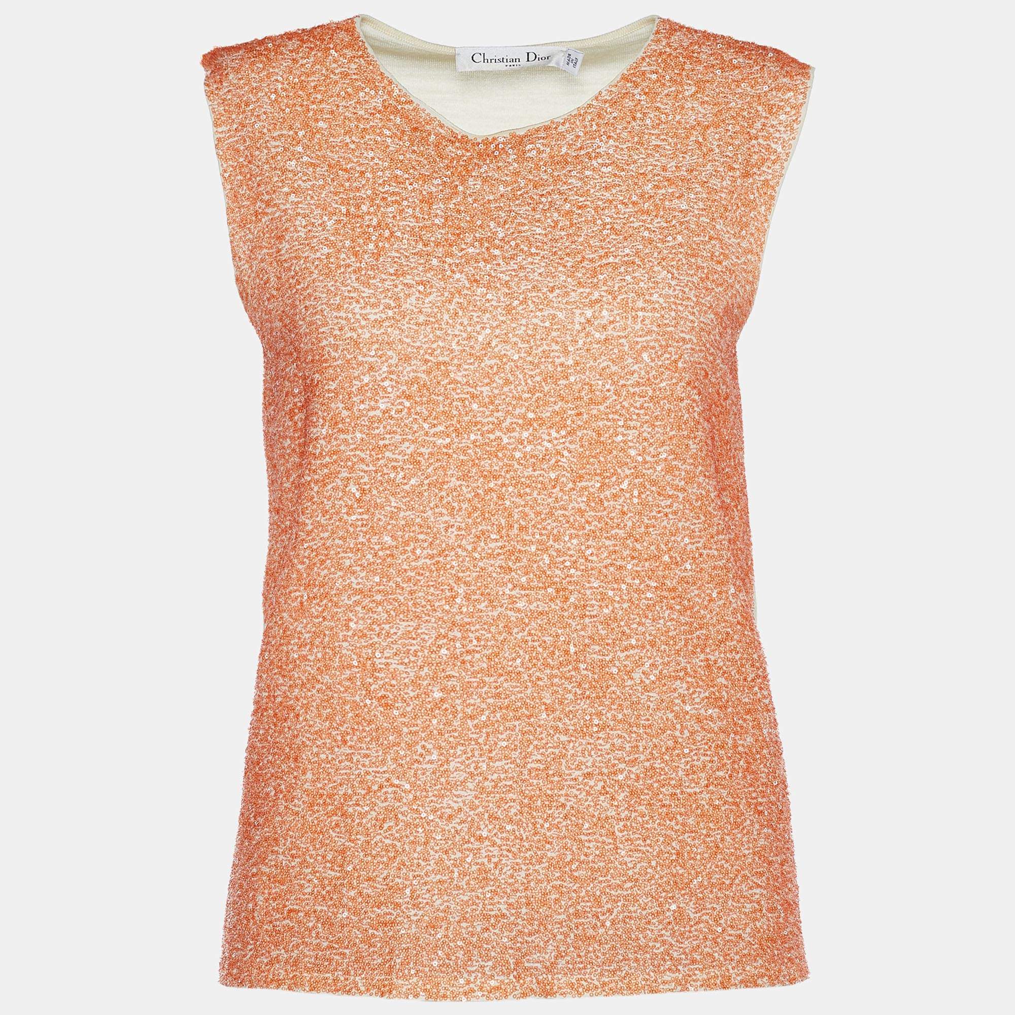Pre Owned Dior Orange Sequinned Cashmere Silk Sleeveless Top M