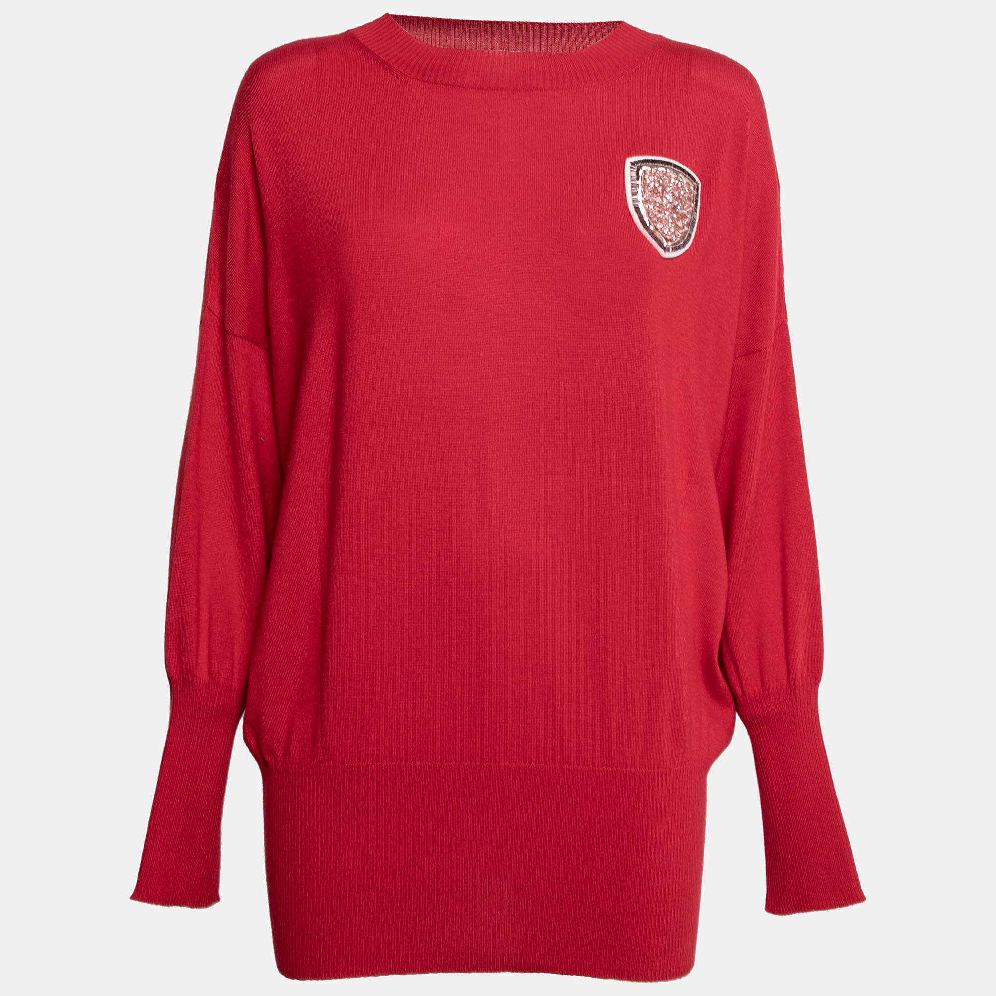 Pre Owned Dior Red Wool & Cashmere Fine Knit Crest Embellished Jumper M
