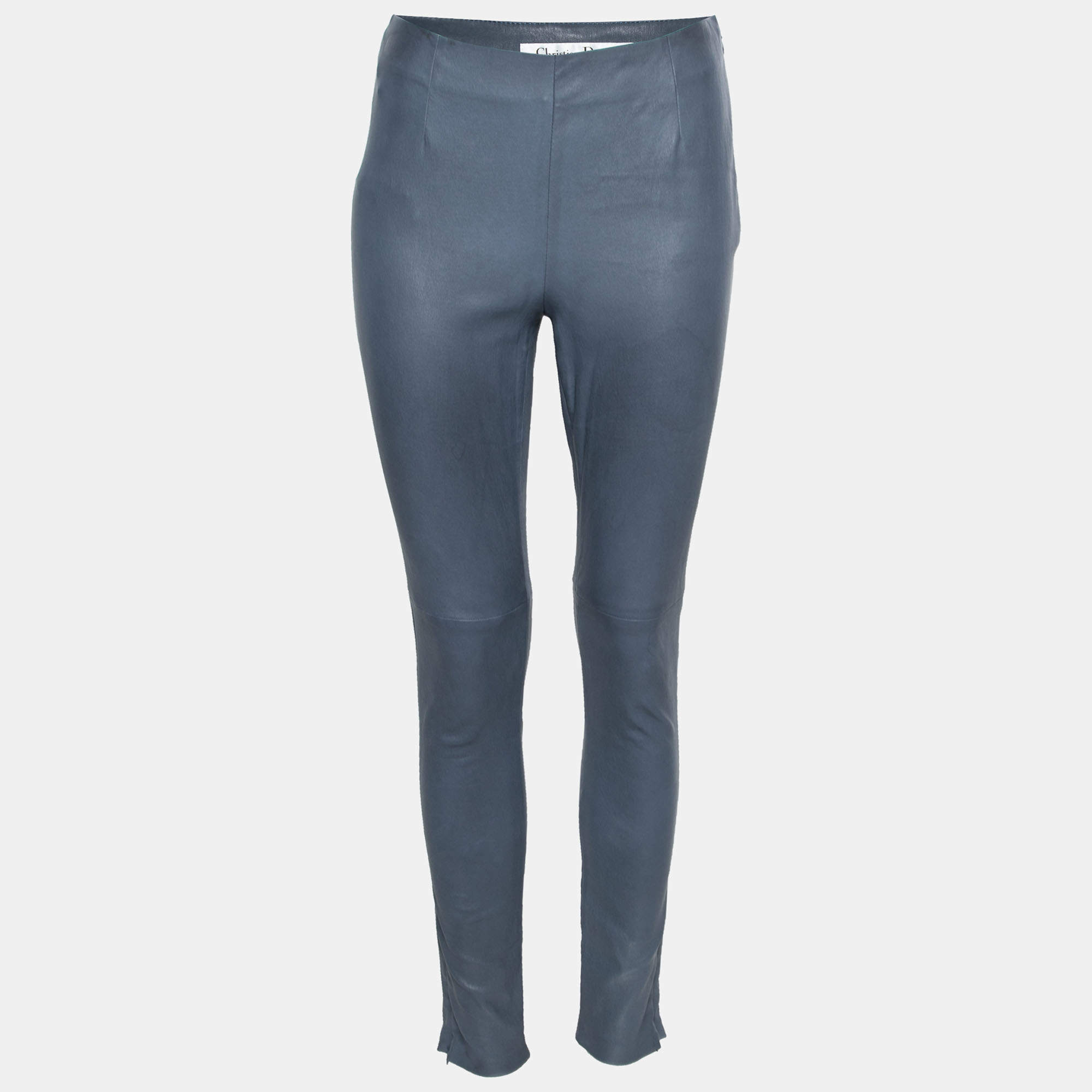 Pre Owned Dior Blue Leather Zipped Hem Detail Skinny Pants M