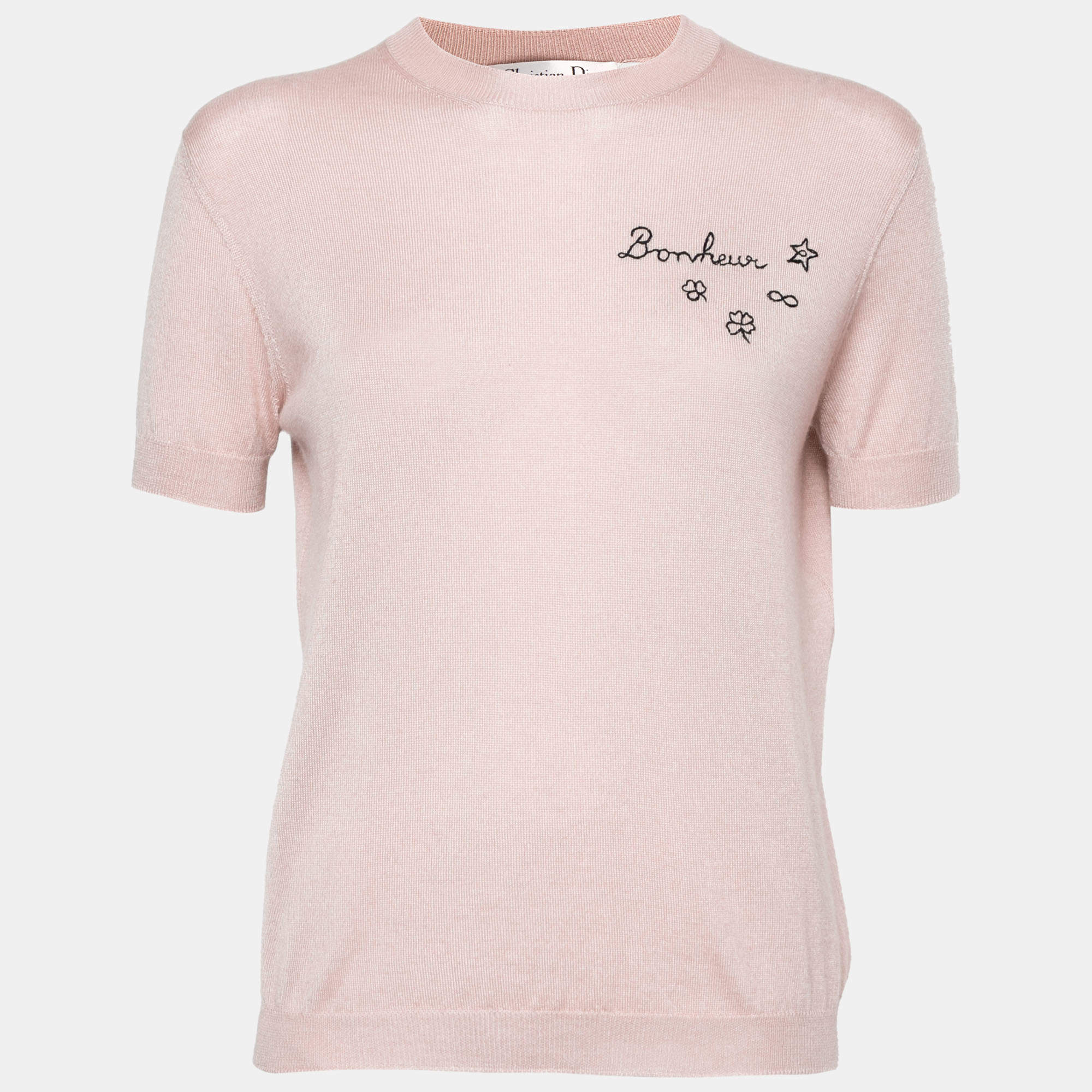 Dior Nude Pink Cashmere Knit Embroidered Detail Short Sleeve Top M
