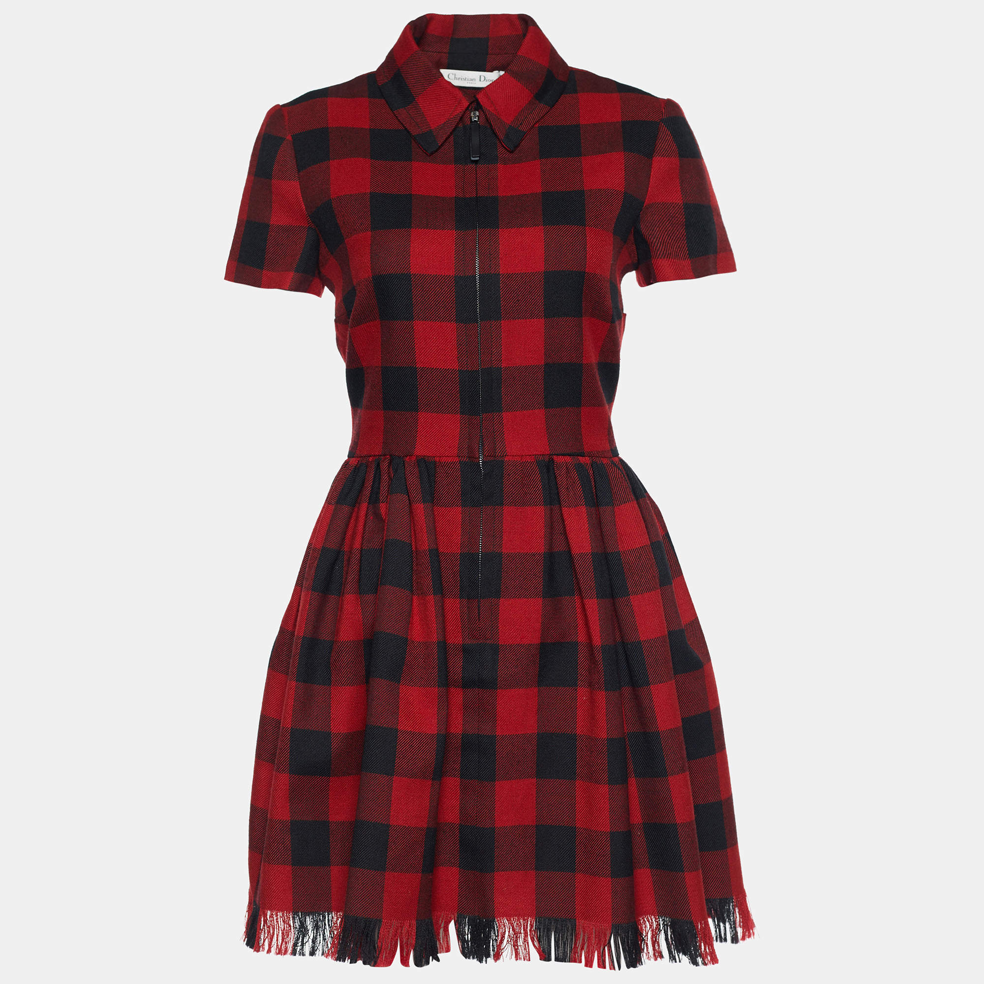 Dior Red & Black Checked Wool Frayed Hem Dress S