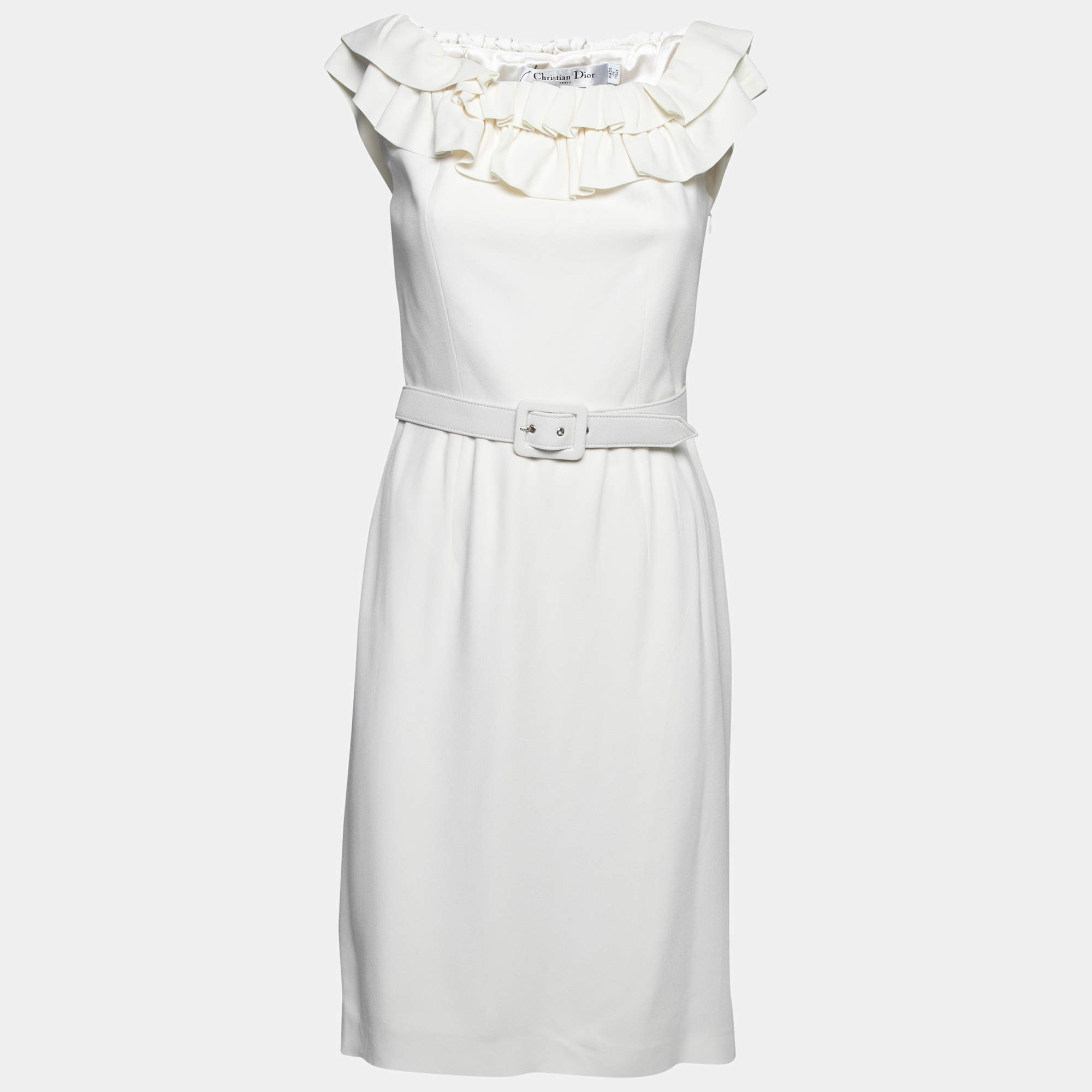 Pre Owned Dior White Crepe Ruffled Off Shoulder Midi Dress M 