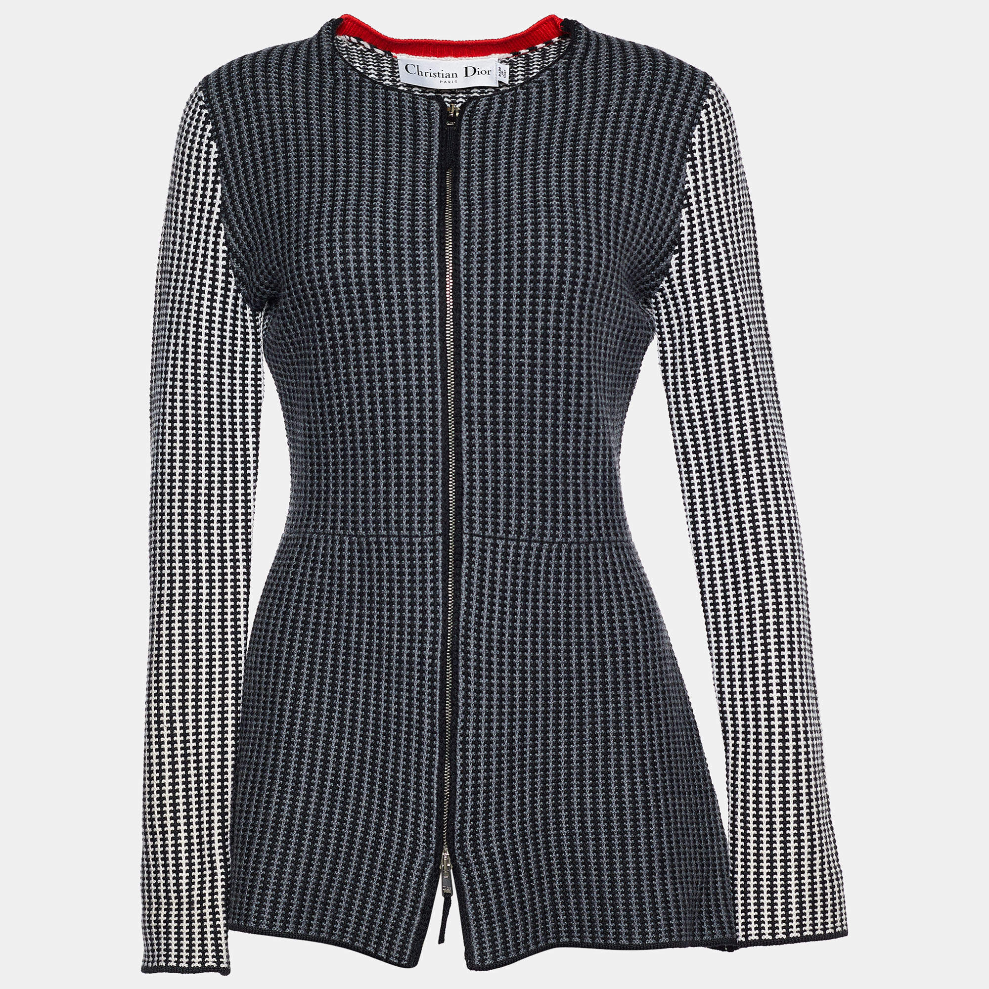 Pre Owned Dior Black/ White Wool Zip Front Cardigan M