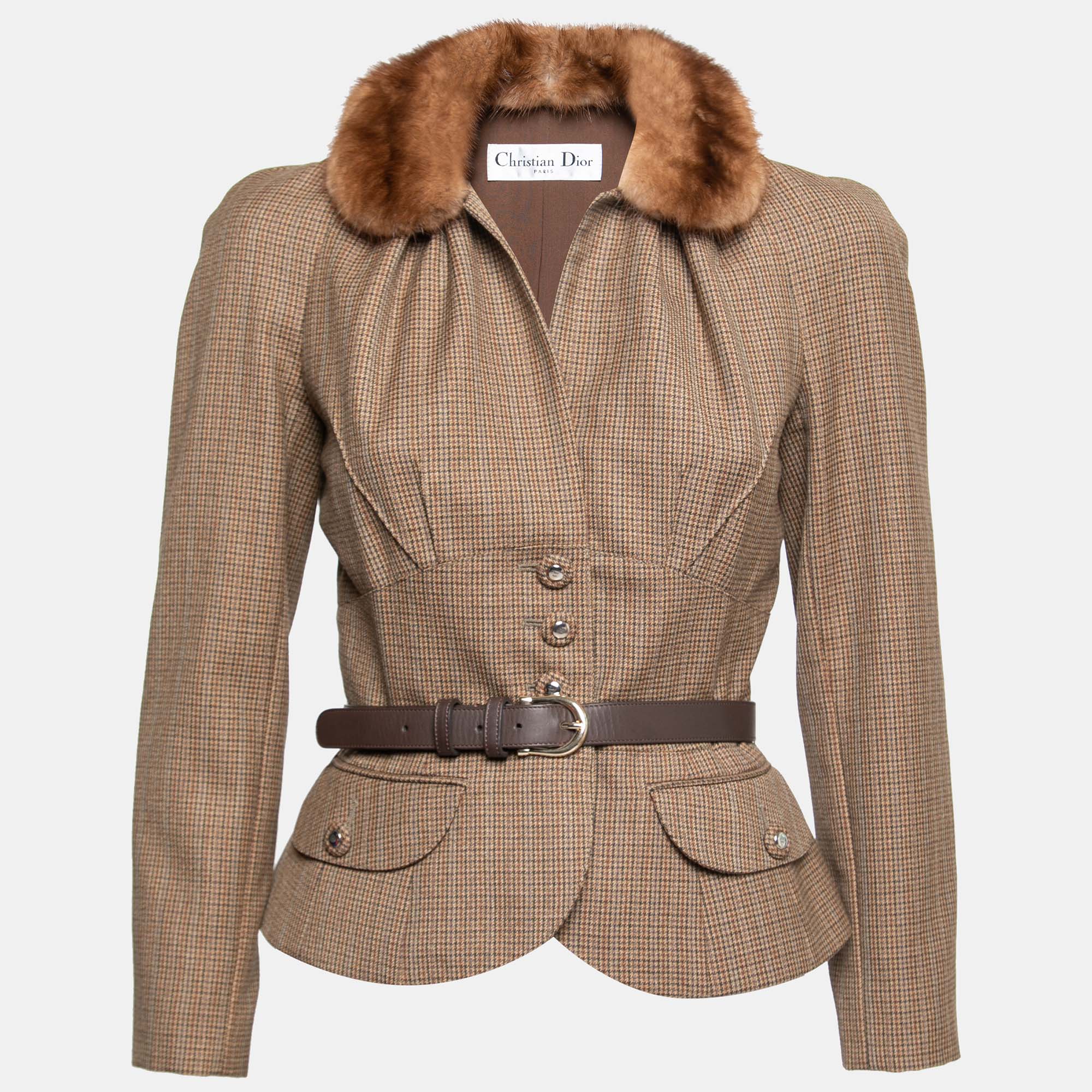 Dior Brown Houndstooth Wool Fur Trim Belted Jacket S