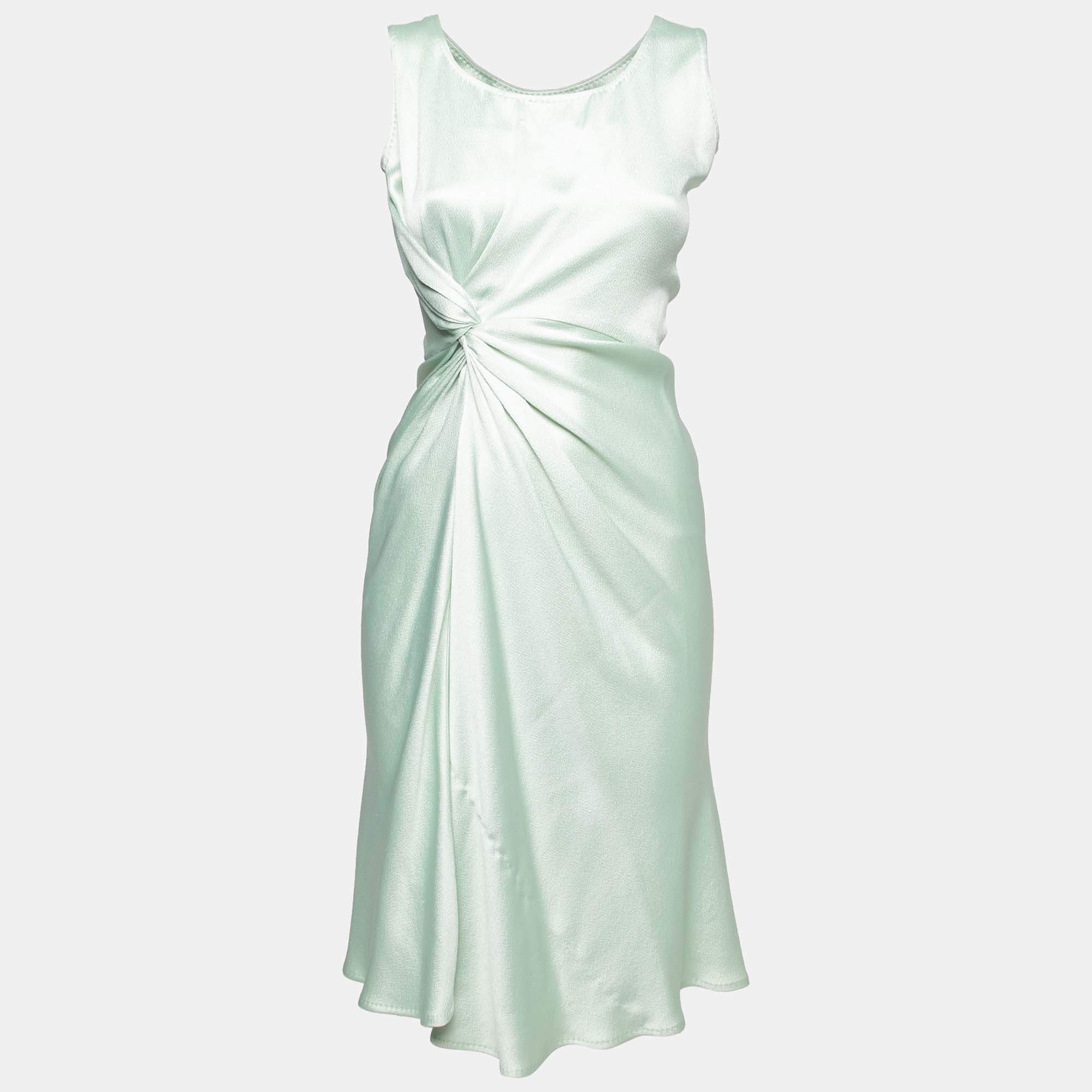 Dior Vintage Green Textured Silk Satin Gathered Sleeveless Dress M