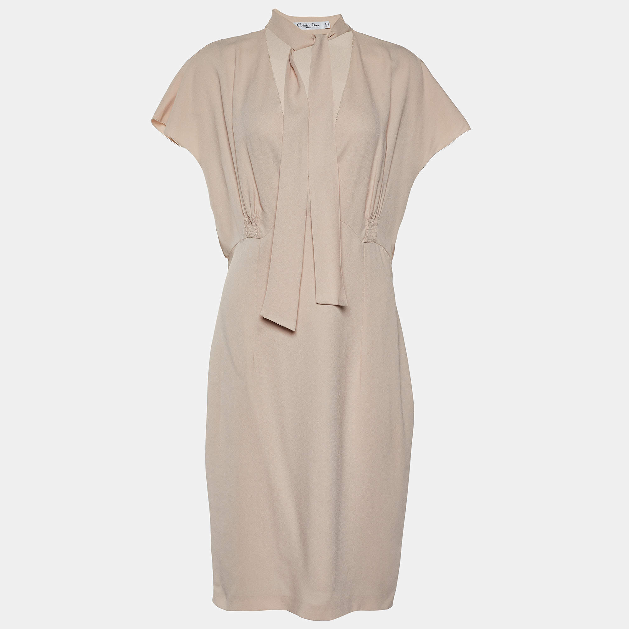 Pre Owned Christian Dior Beige Crepe V-Neck Dress L