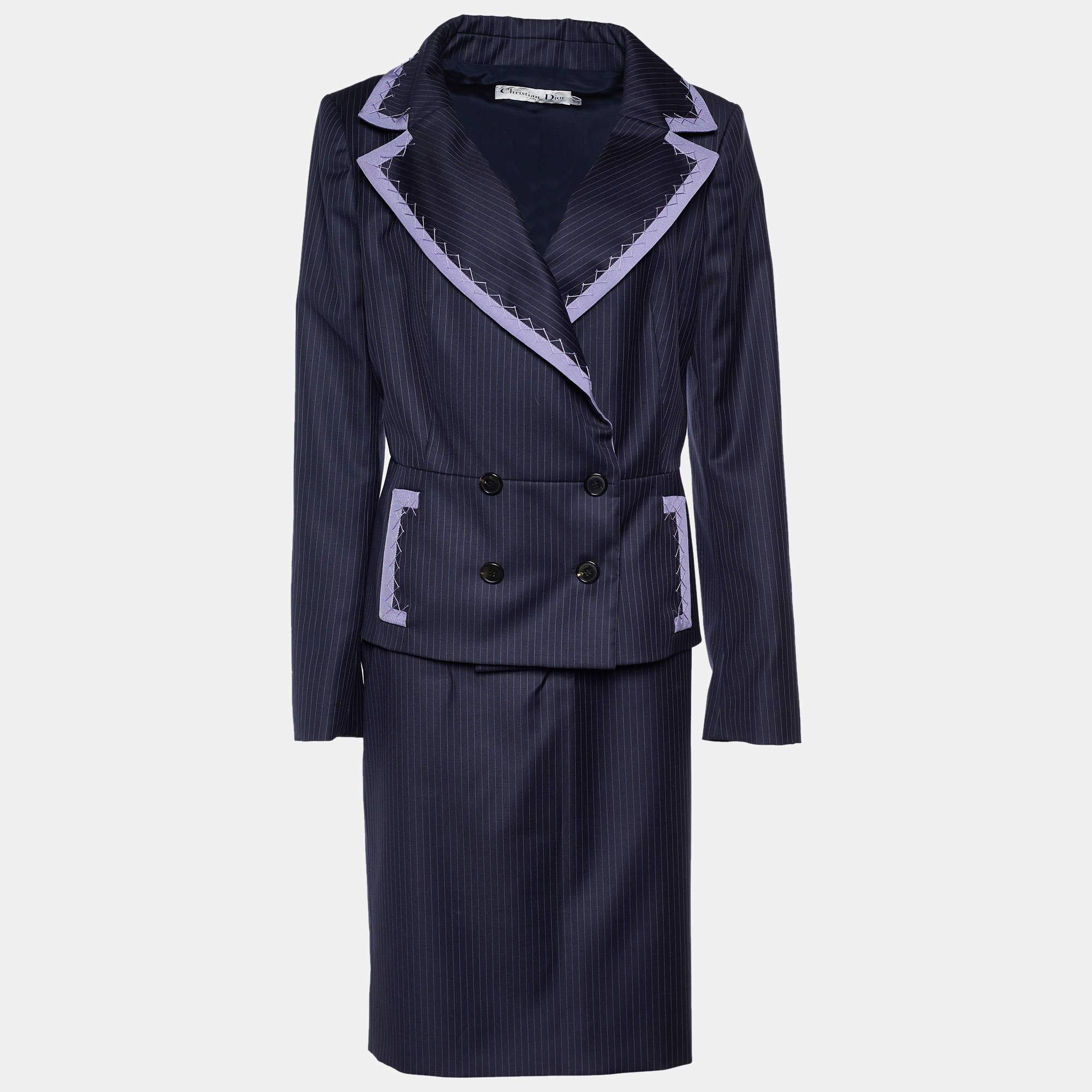 Dior Navy Blue Pinstripe Wool Skirt Suit L