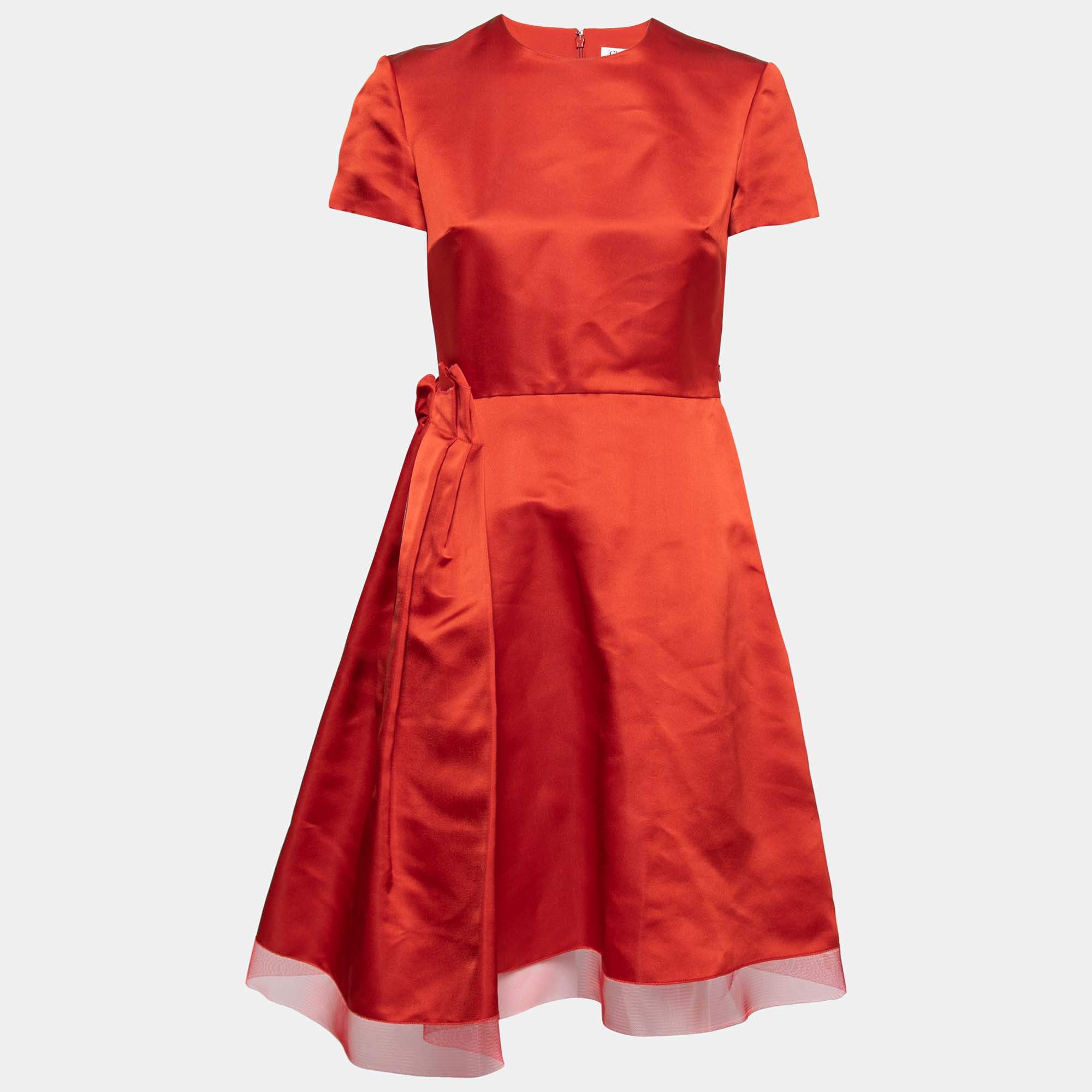 Dior Red Silk Side Pleated Mesh Hem Midi Dress M