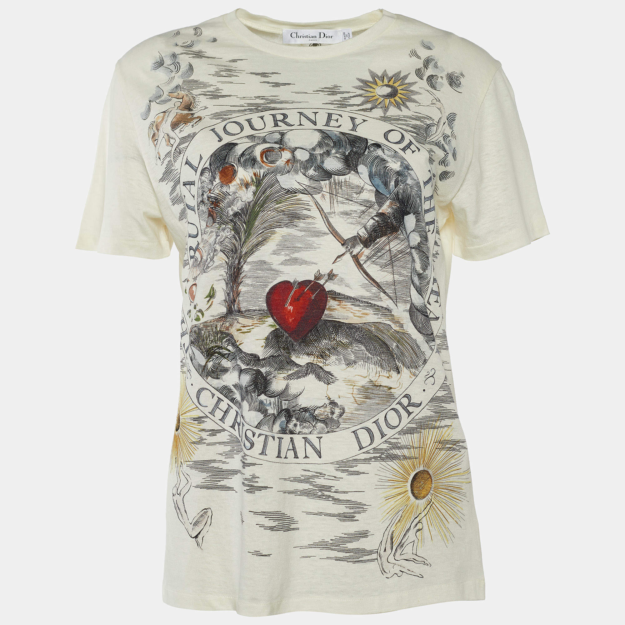 Pre Owned Dior Cream Heart Print Cotton Linen T-Shirt M