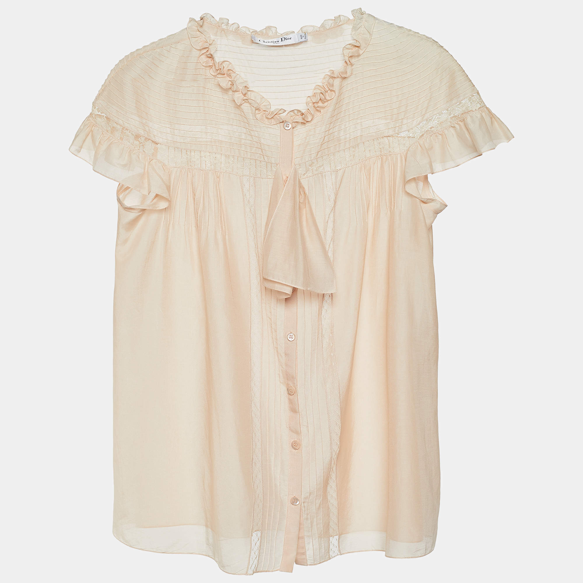 Pre Owned Dior Pale Pink Silk & Lace Ruffled Detail Blouse M
