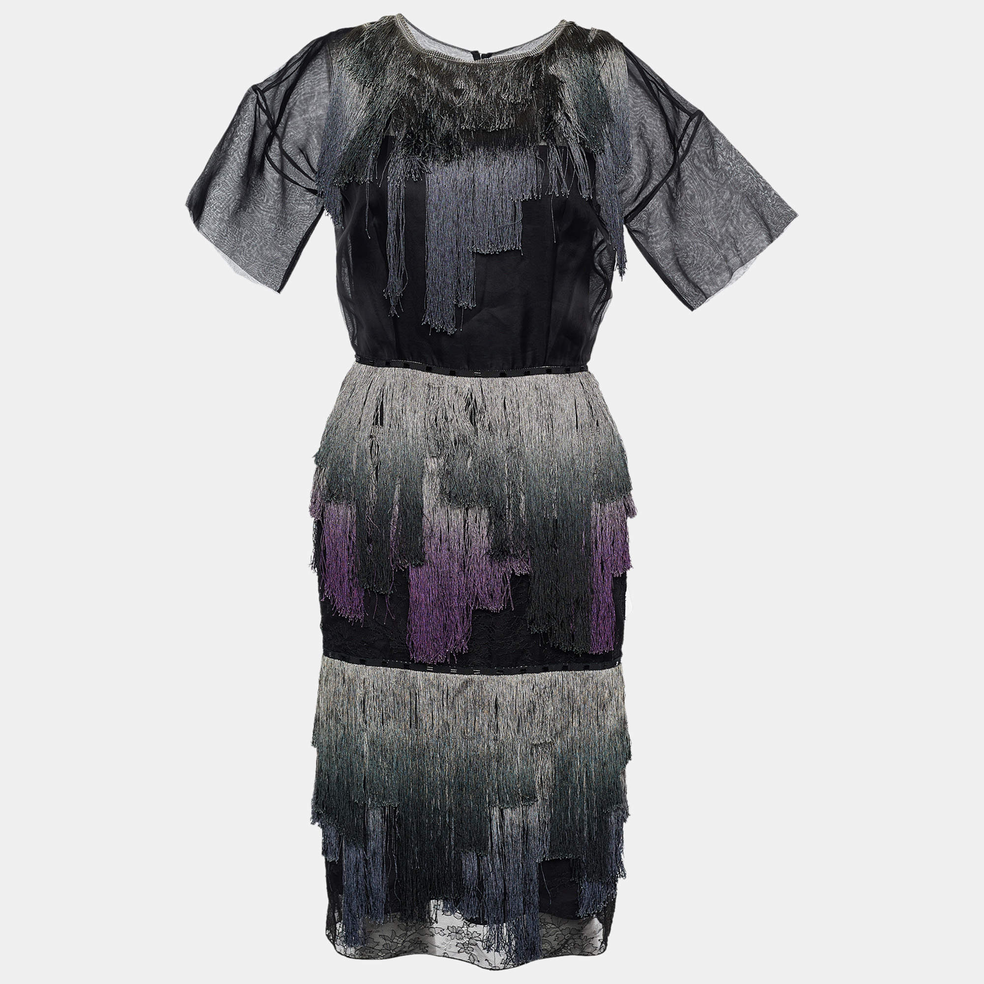 Pre Owned Dior Black Silk & Lace Ombre Fringe Tiered Midi Dress S