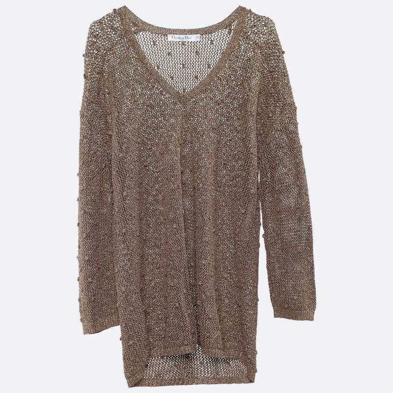 Pre Owned Dior Gold Lurex Knit Long Sleeve Jumper L 