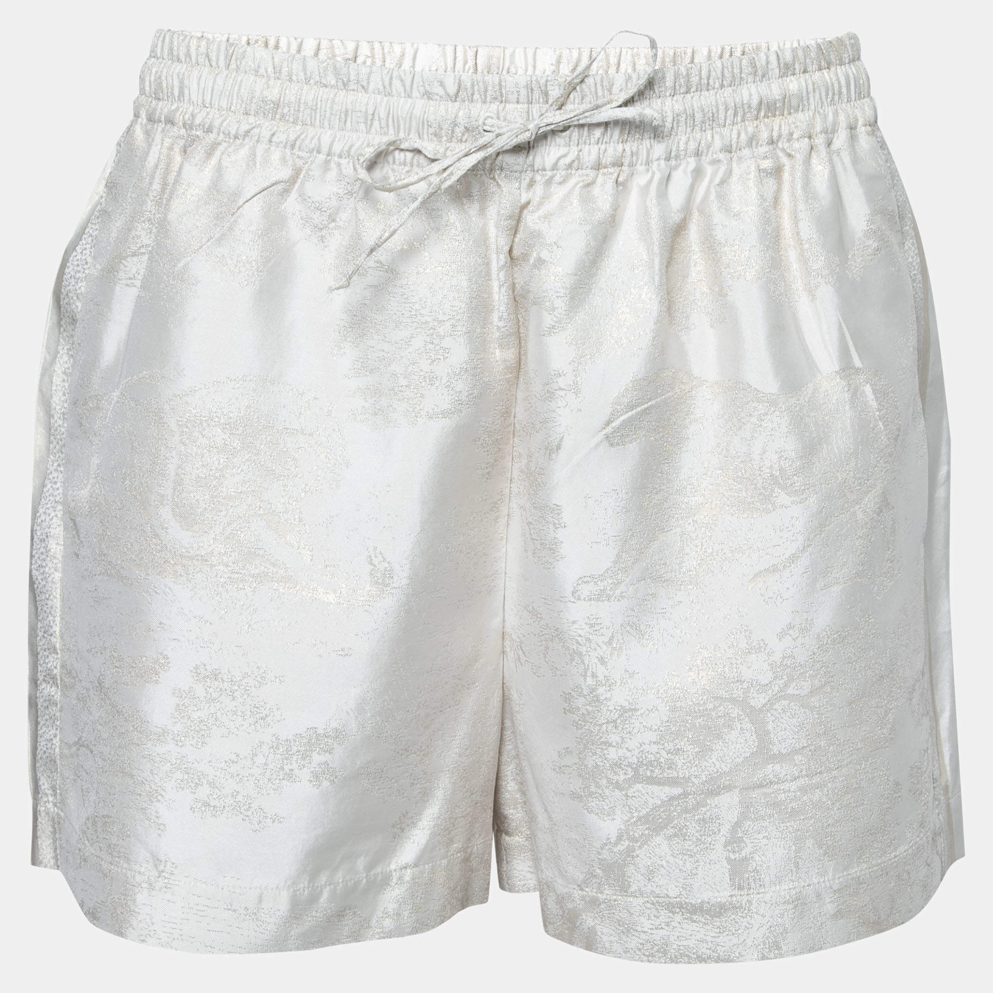 Pre Owned Dior Light Grey & Gold Floral Jacquard Silk Shorts L
