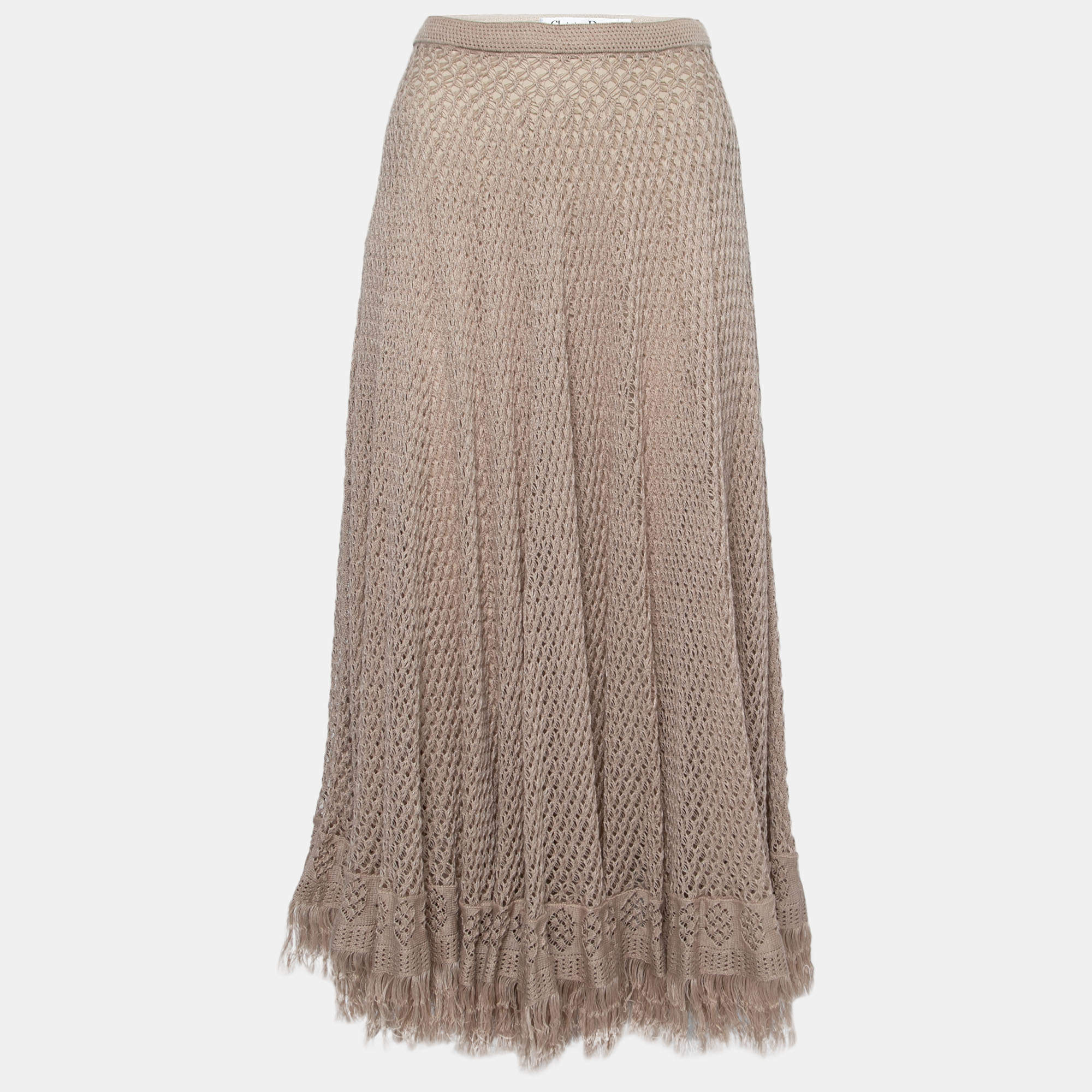 Dior Beige Patterned Open Knit Linen Fringed Skirt S