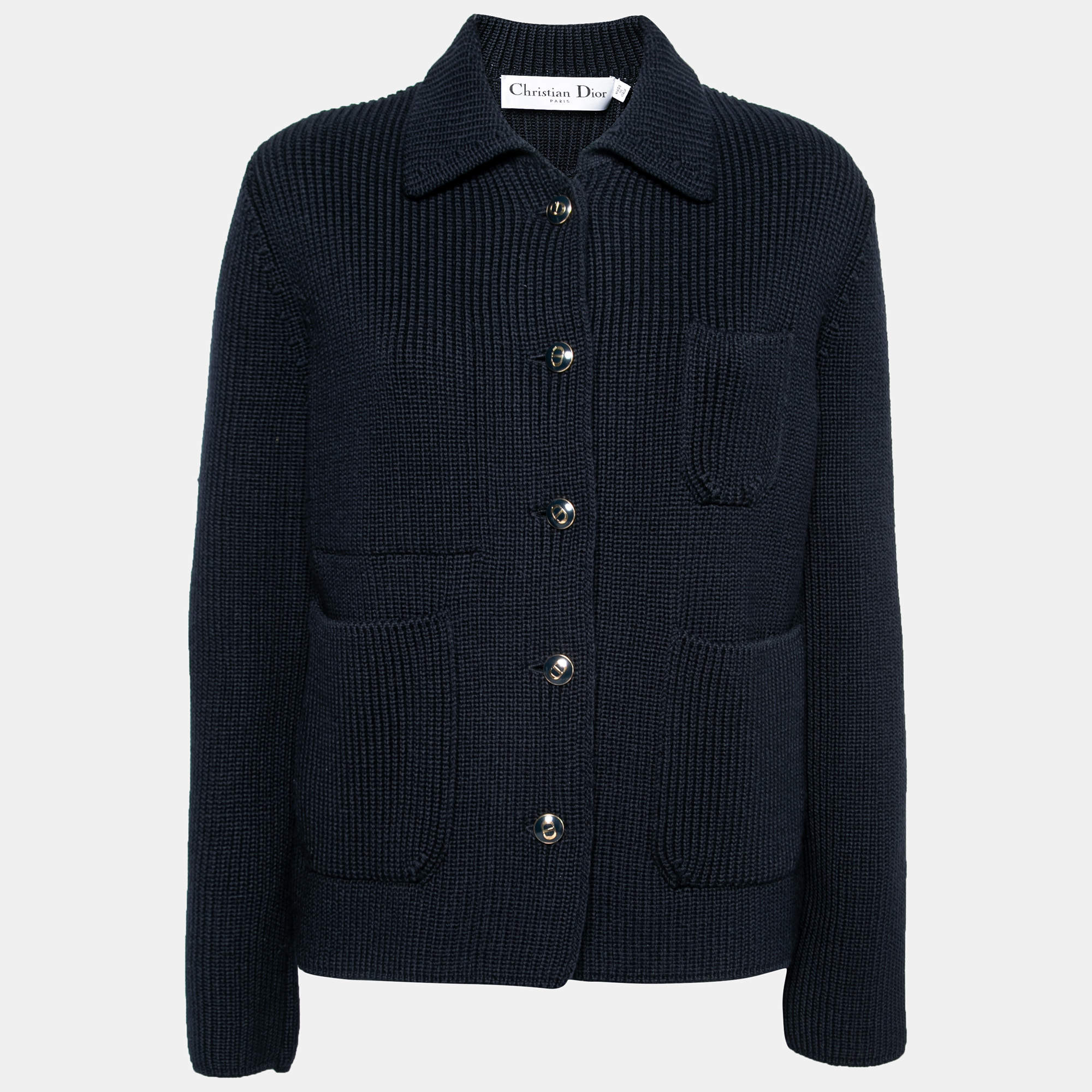 Christian Dior Navy Blue Wool Knit Collared Cardigan M