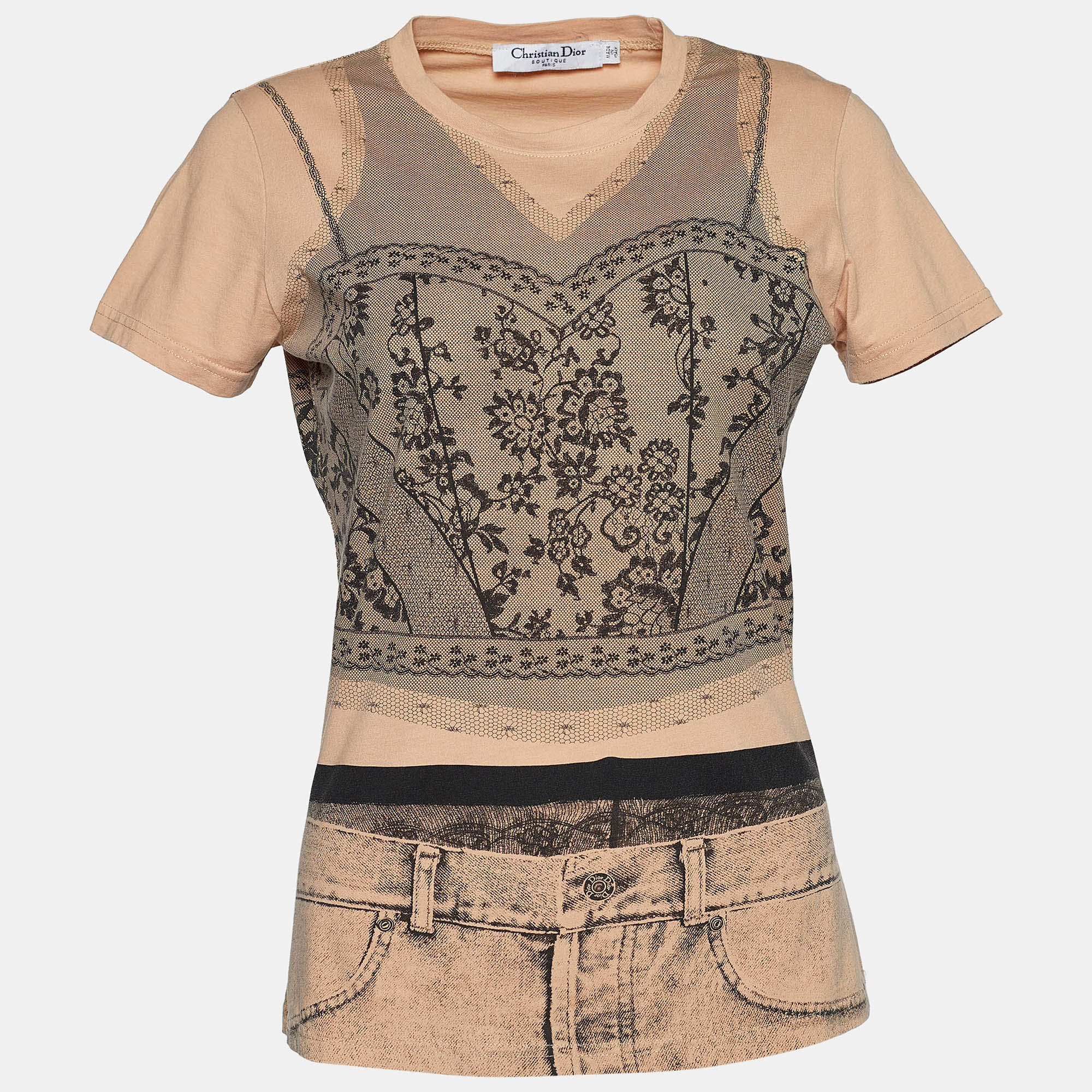 Pre Owned Dior Boutique Peach Trompe l'oeil Print Cotton Crew Neck T-Shirt L 