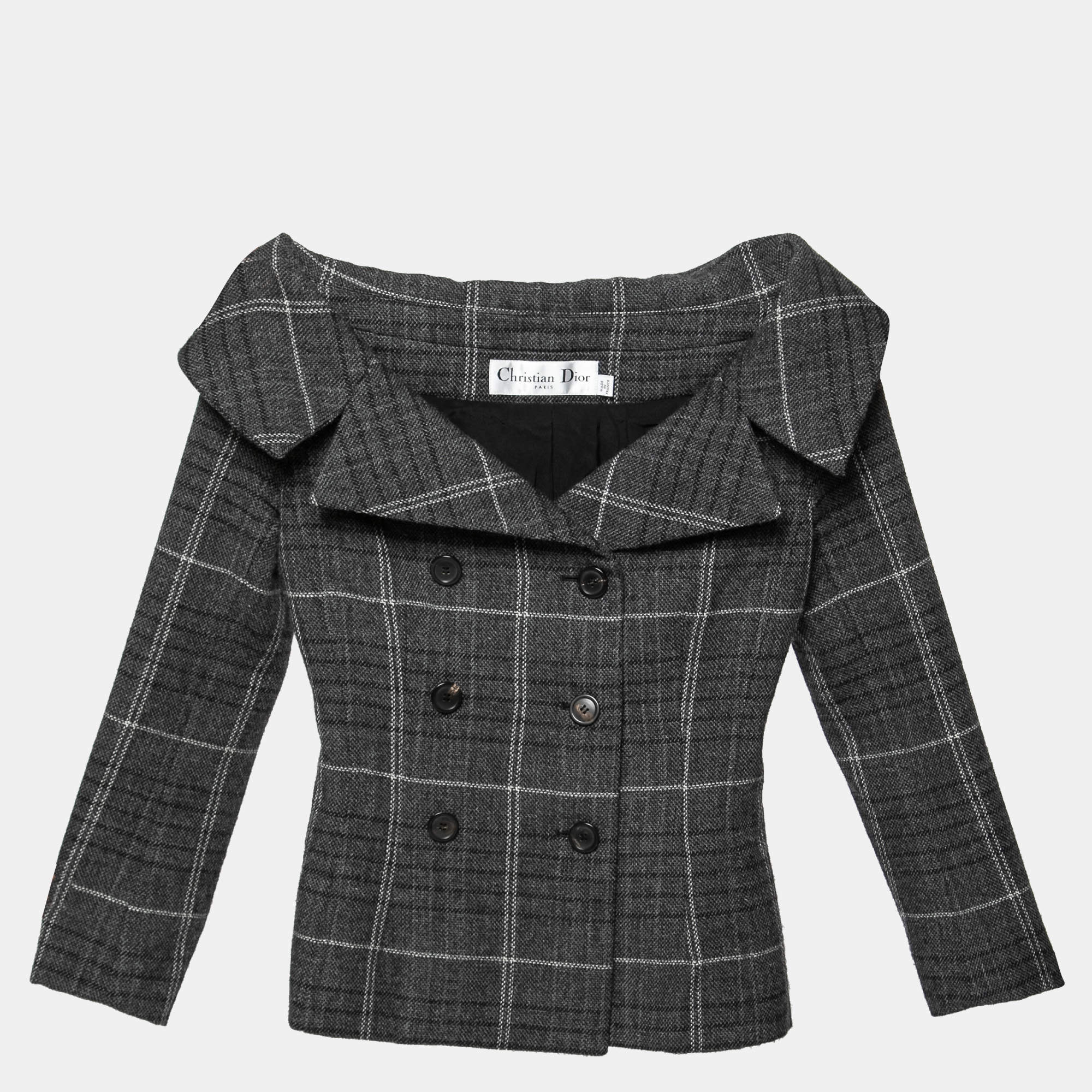 Christian Dior Grey Check Wool Off-Shoulder Jacket S