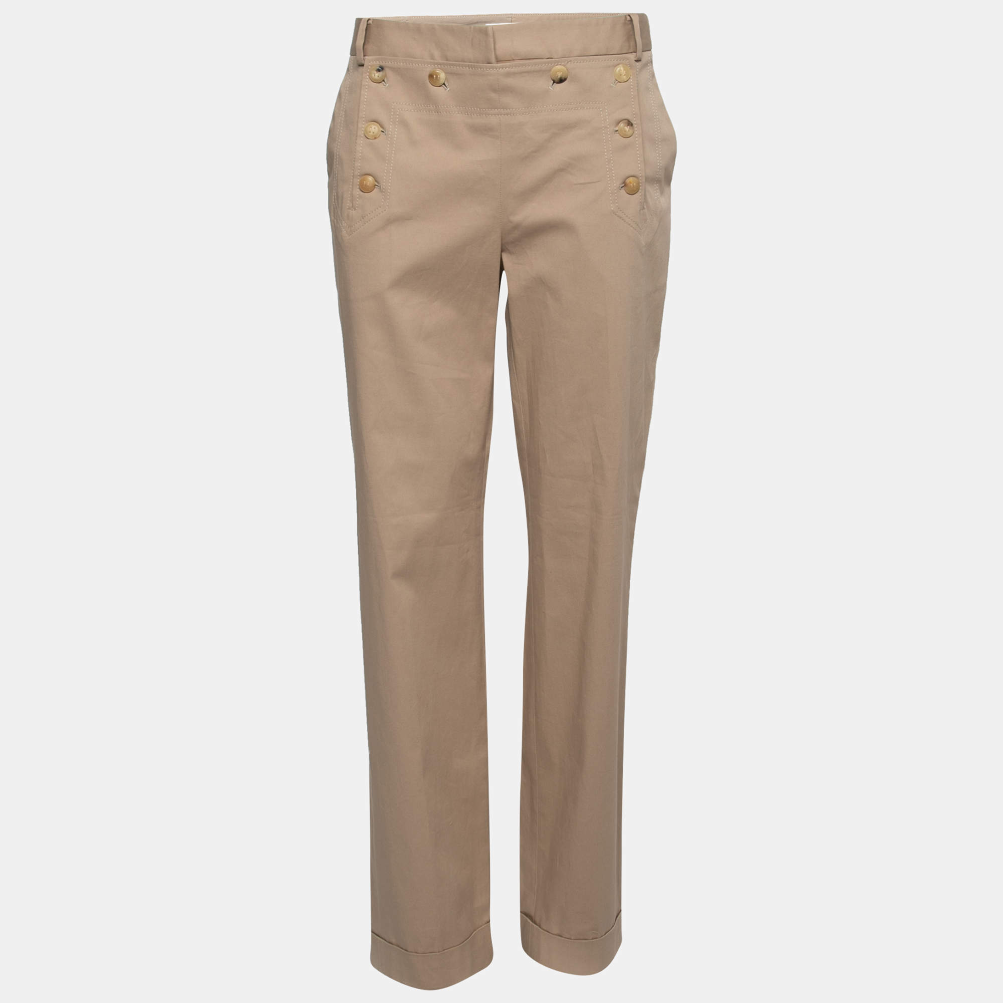 Pre Owned Christian Dior Beige Cotton Button-Embellished Trousers M