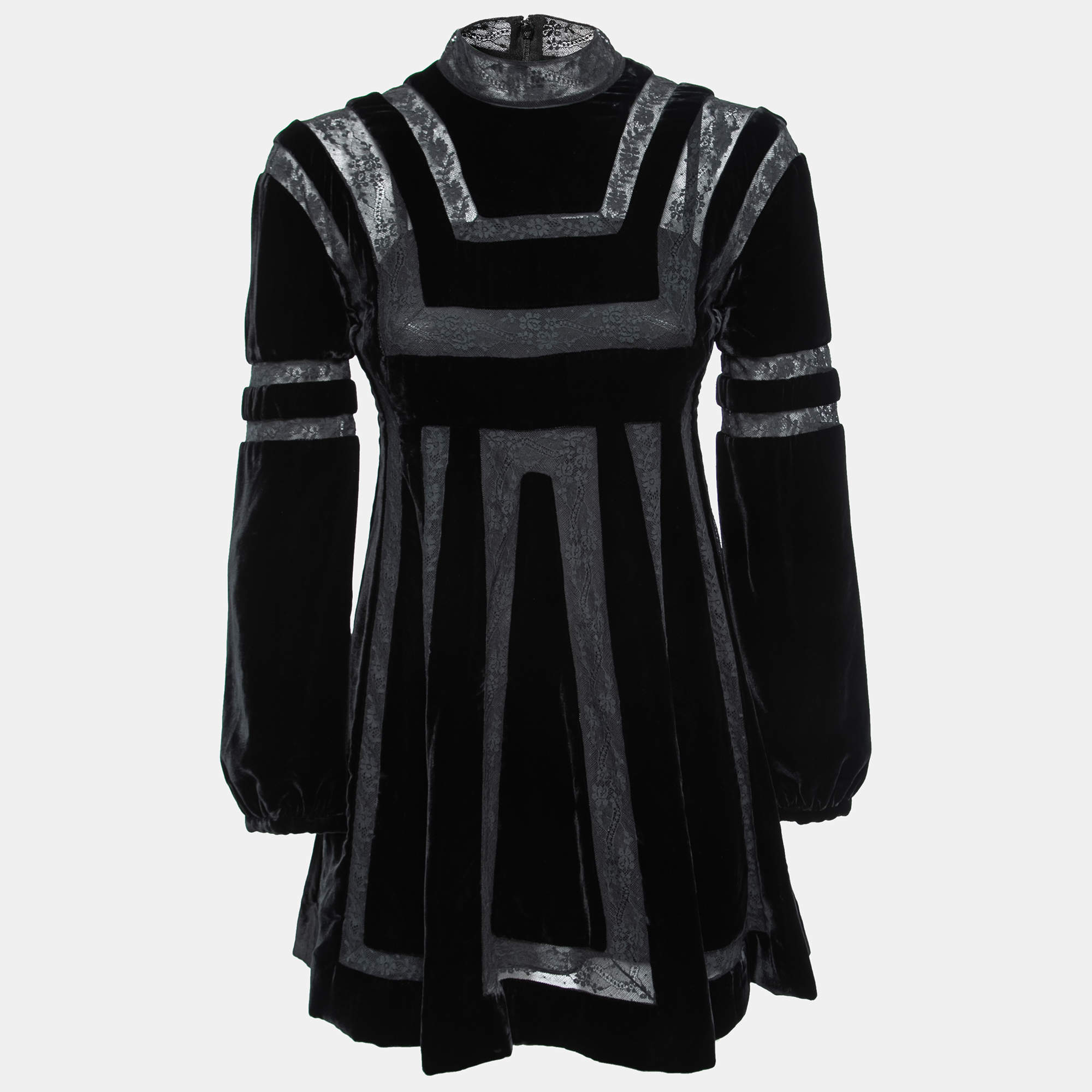 Pre Owned Christian Dior Black Velvet & Lace Panelled Mini Dress S