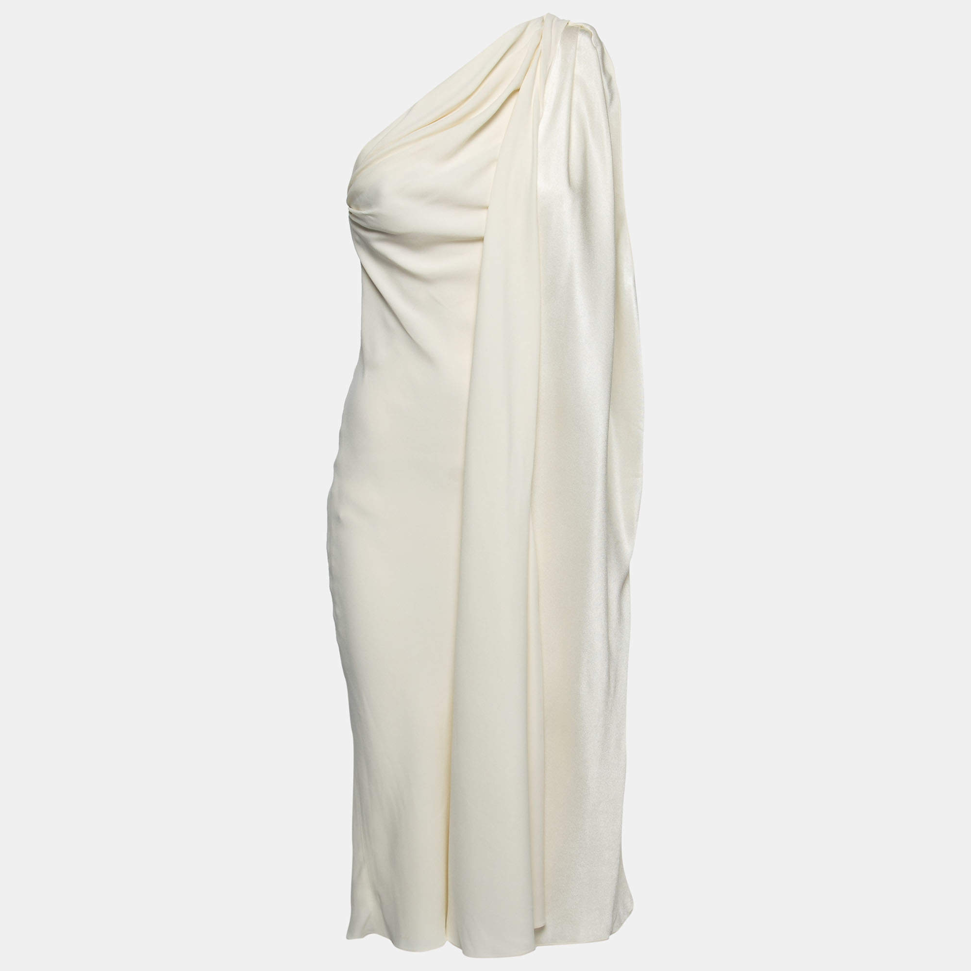 Pre Owned Christian Dior Cream Crepe One-Shoulder Draped Midi Dress S