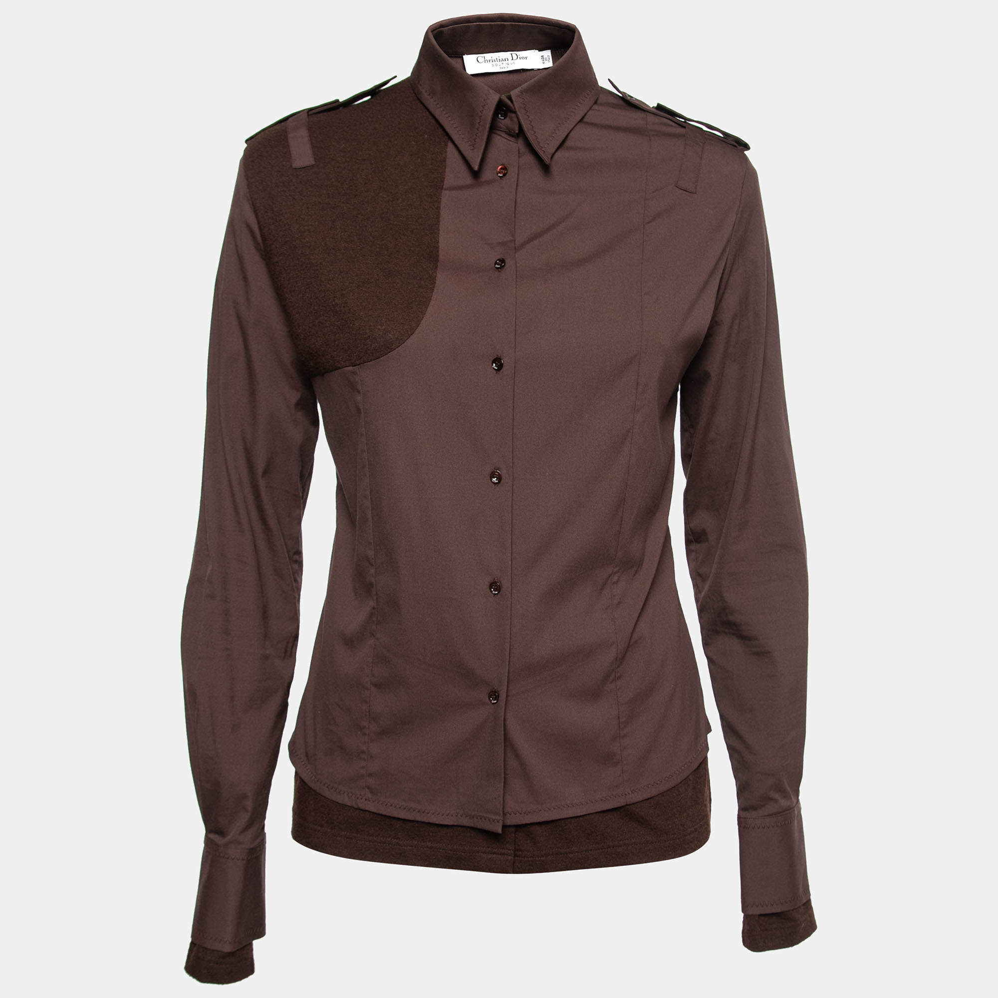 Pre Owned Dior Vintage Brown Cotton & Wool Inset Button Front Shirt M