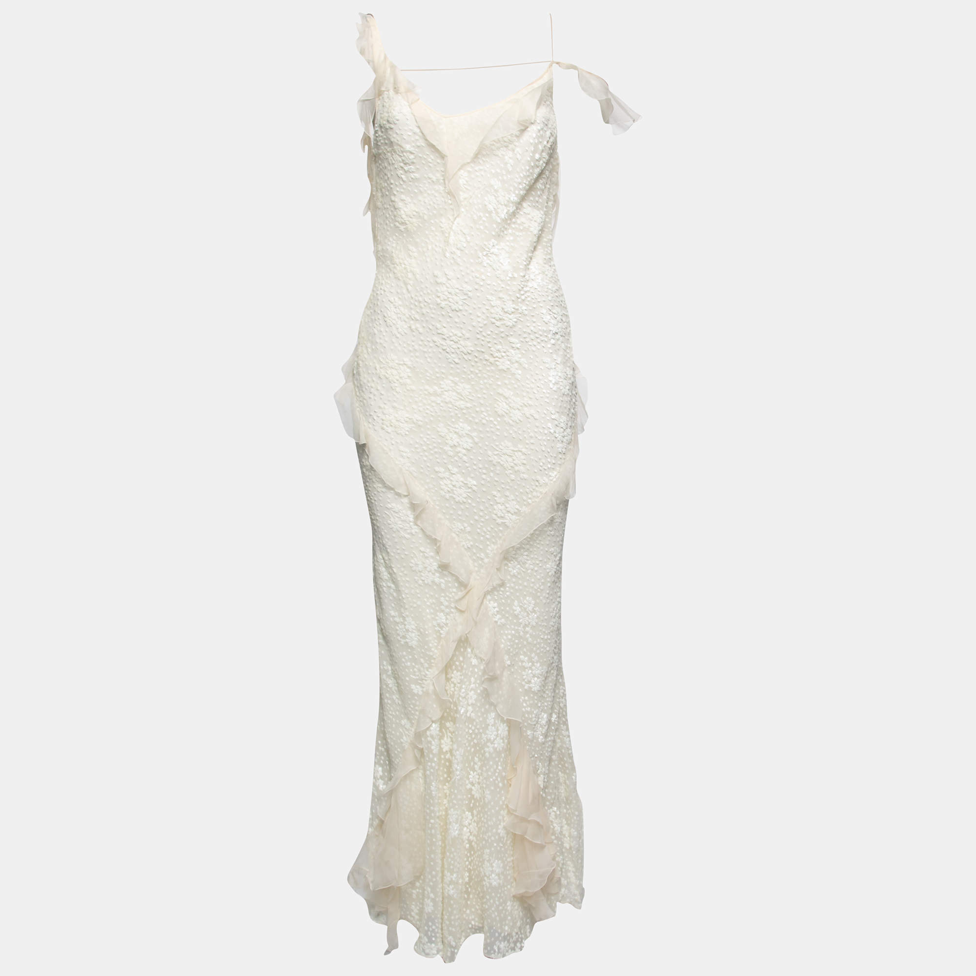 Pre Owned Dior Off White Patterned Silk Ruffle Trimmed Sleeveless Maxi Dress M