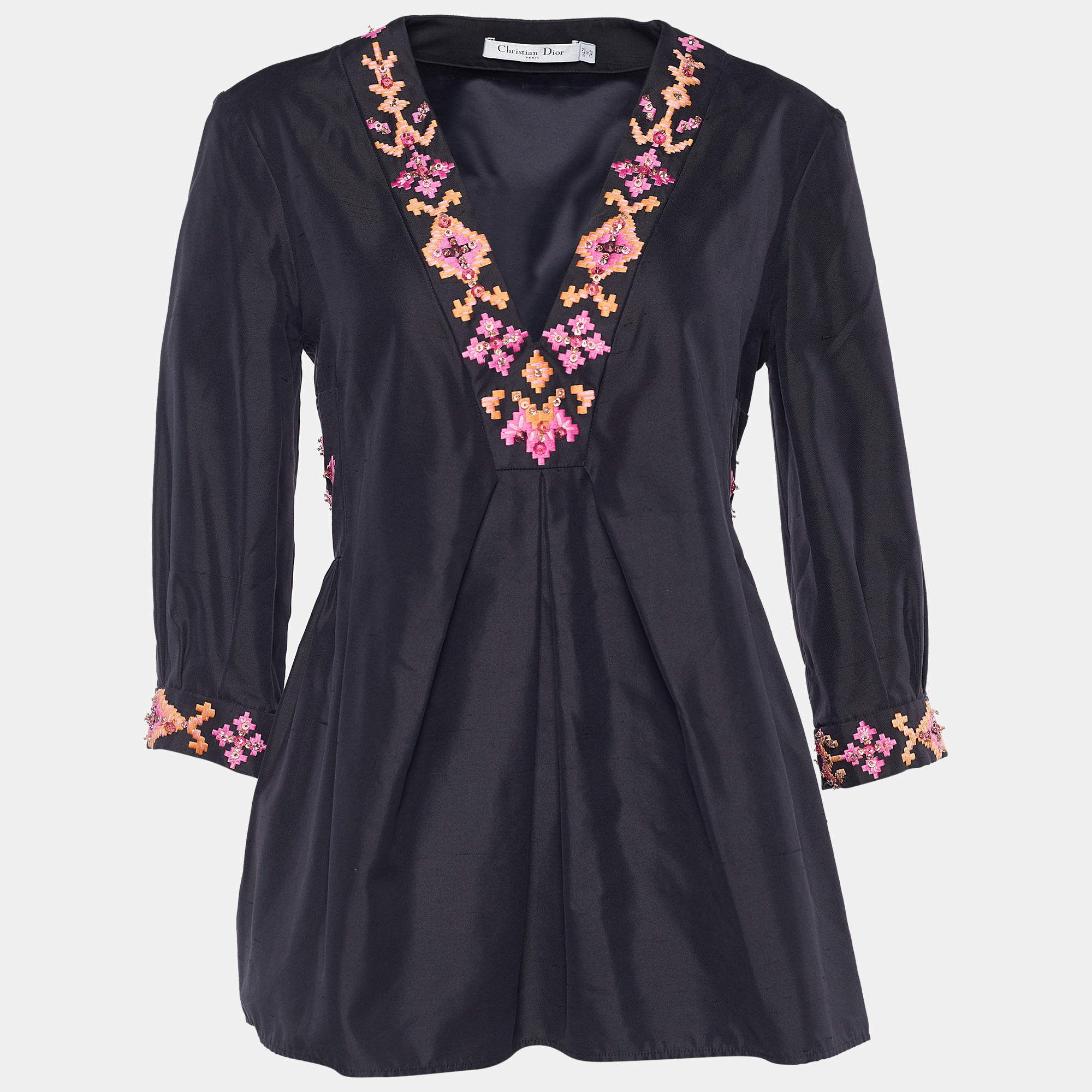 Pre Owned Dior Midnight Blue Cotton Silk Embellished Flared Blouse M