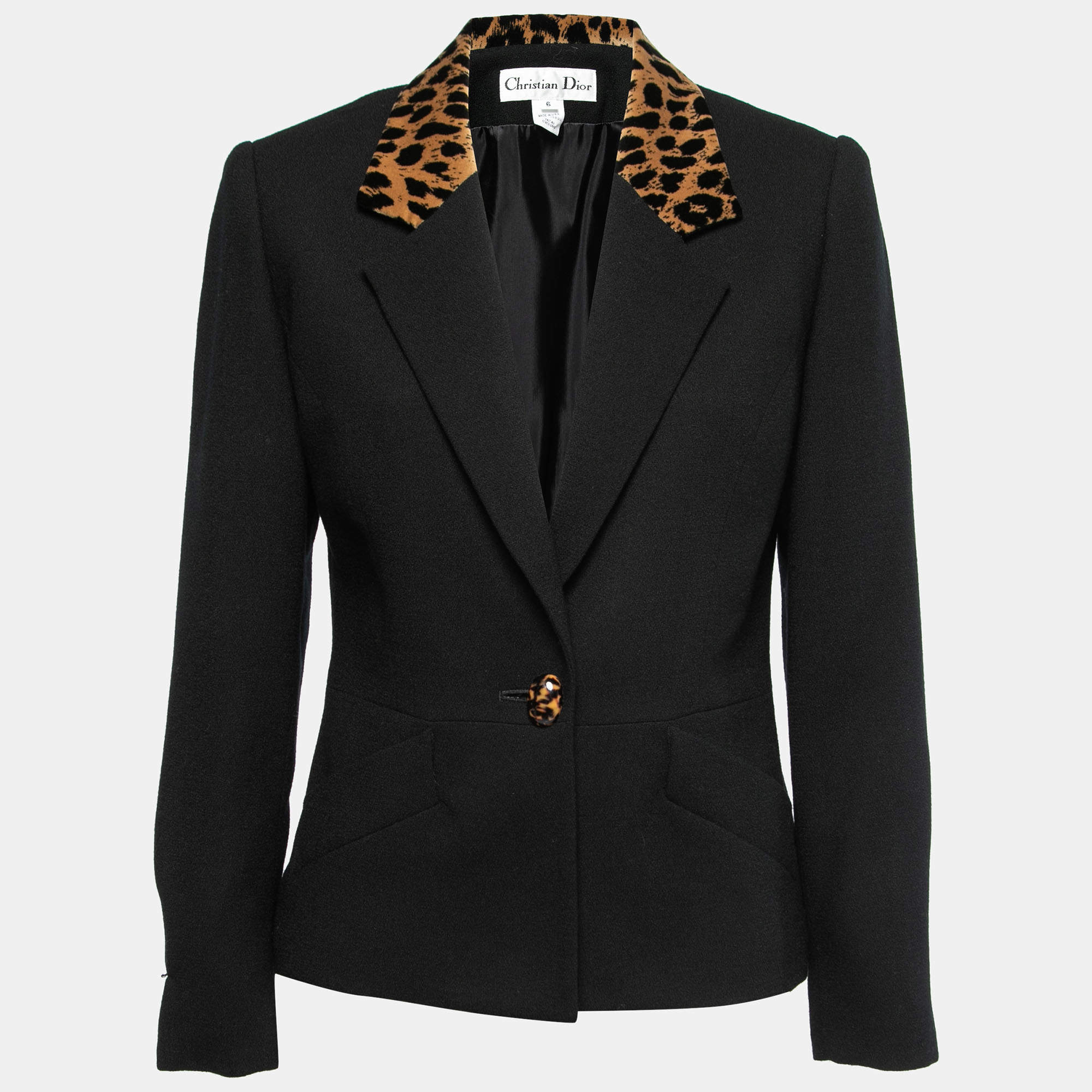 Christian Dior Vintage Black Wool Cheetah Print Collar Blazer M