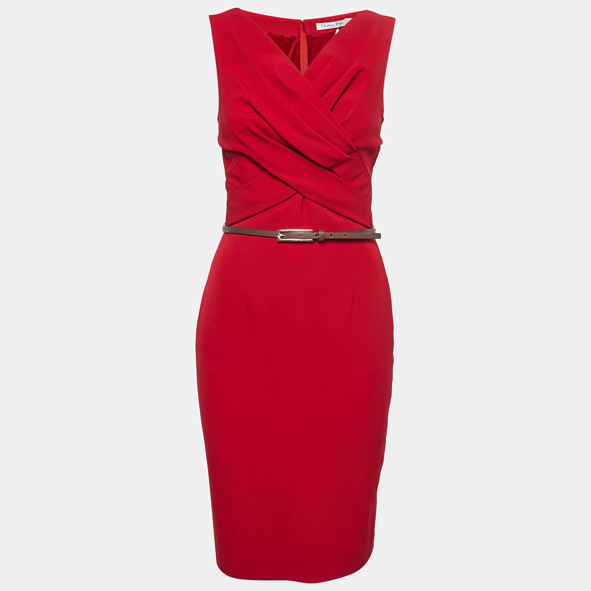 Dior Rouge Red Wool Sleeveless Belted Midi Dress S
