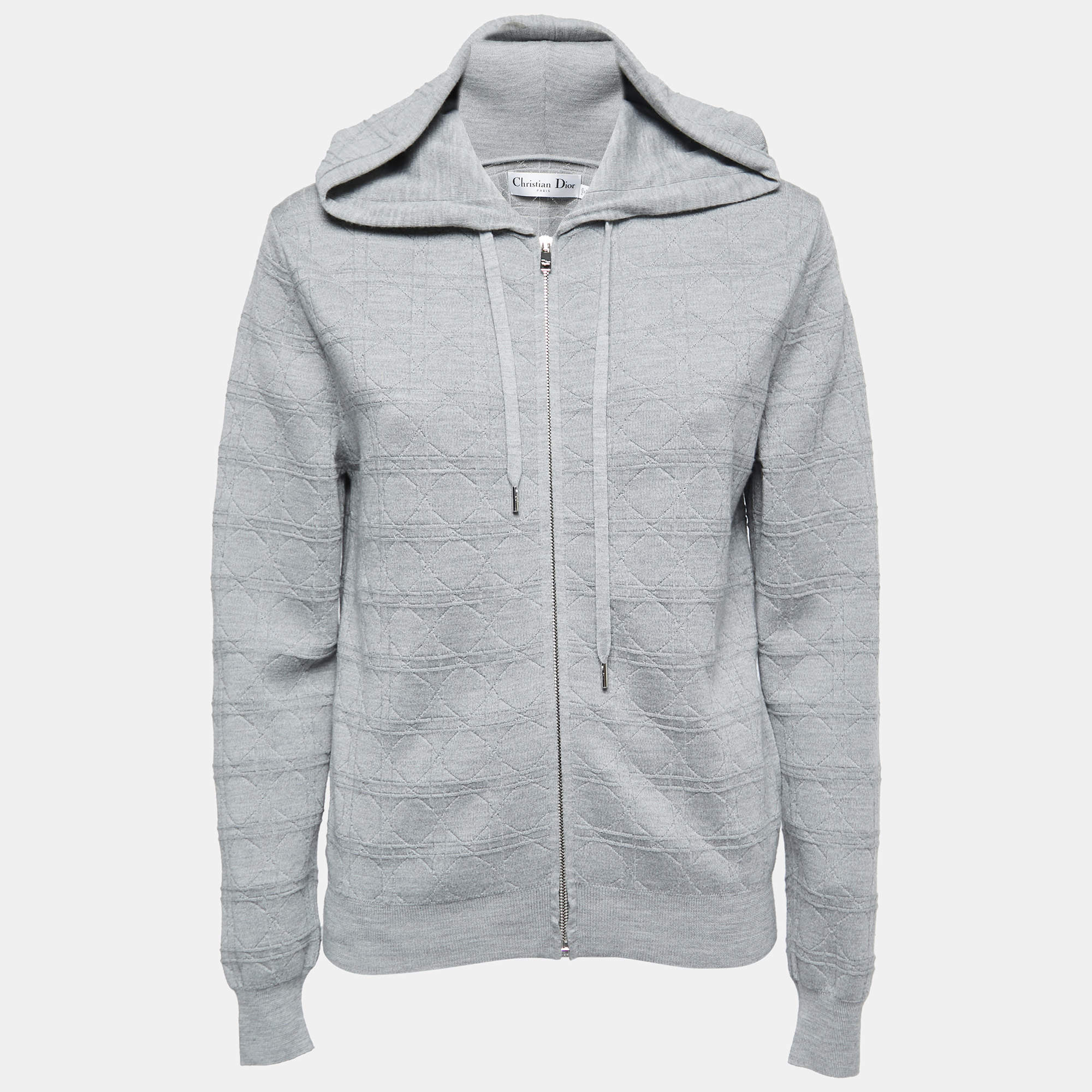 Pre Owned Dior Grey Macrocannage Wool & Silk Knit Zip Up Jumper S