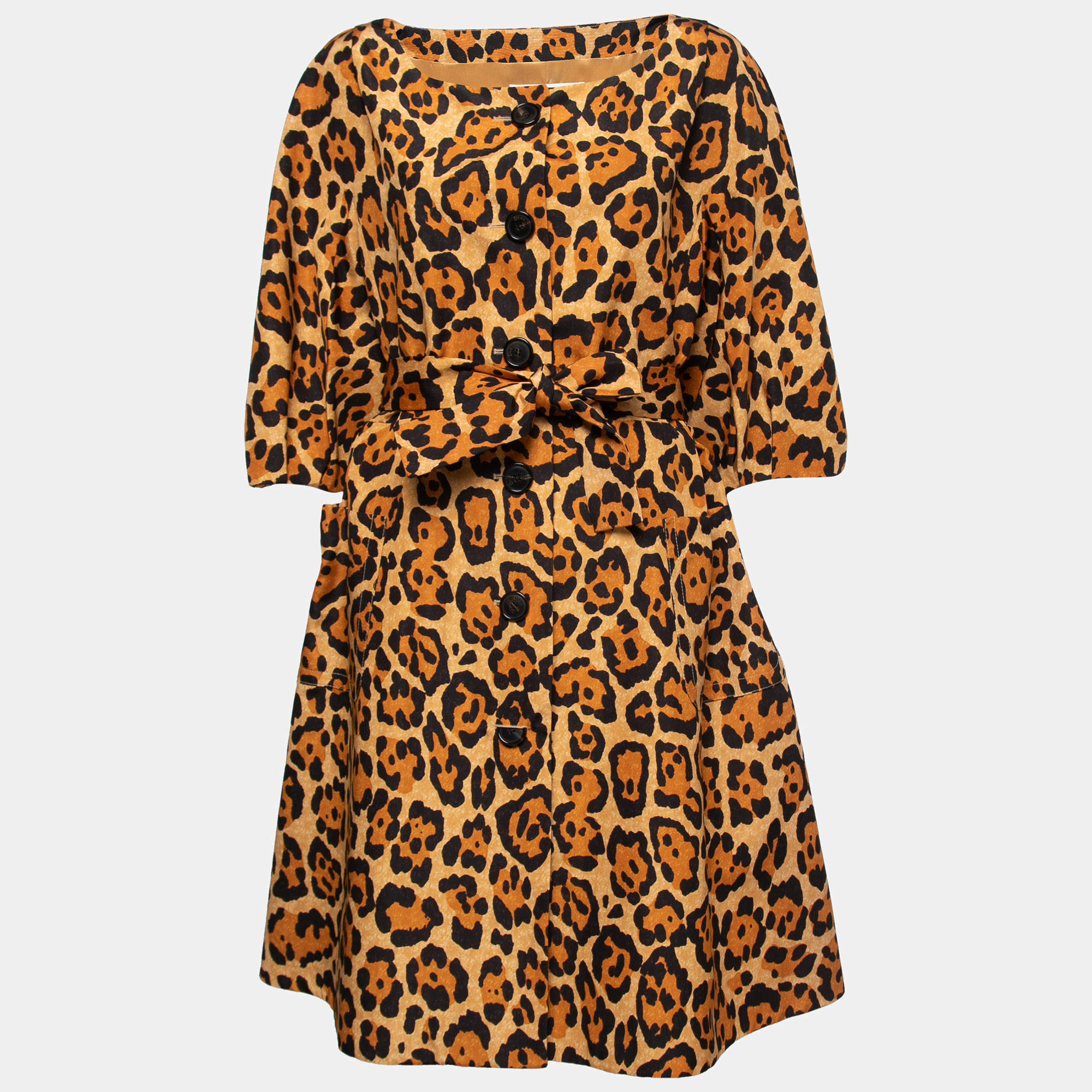 Pre Owned Christian Dior Yellow Animal Print Silk Belted Midi Dress L