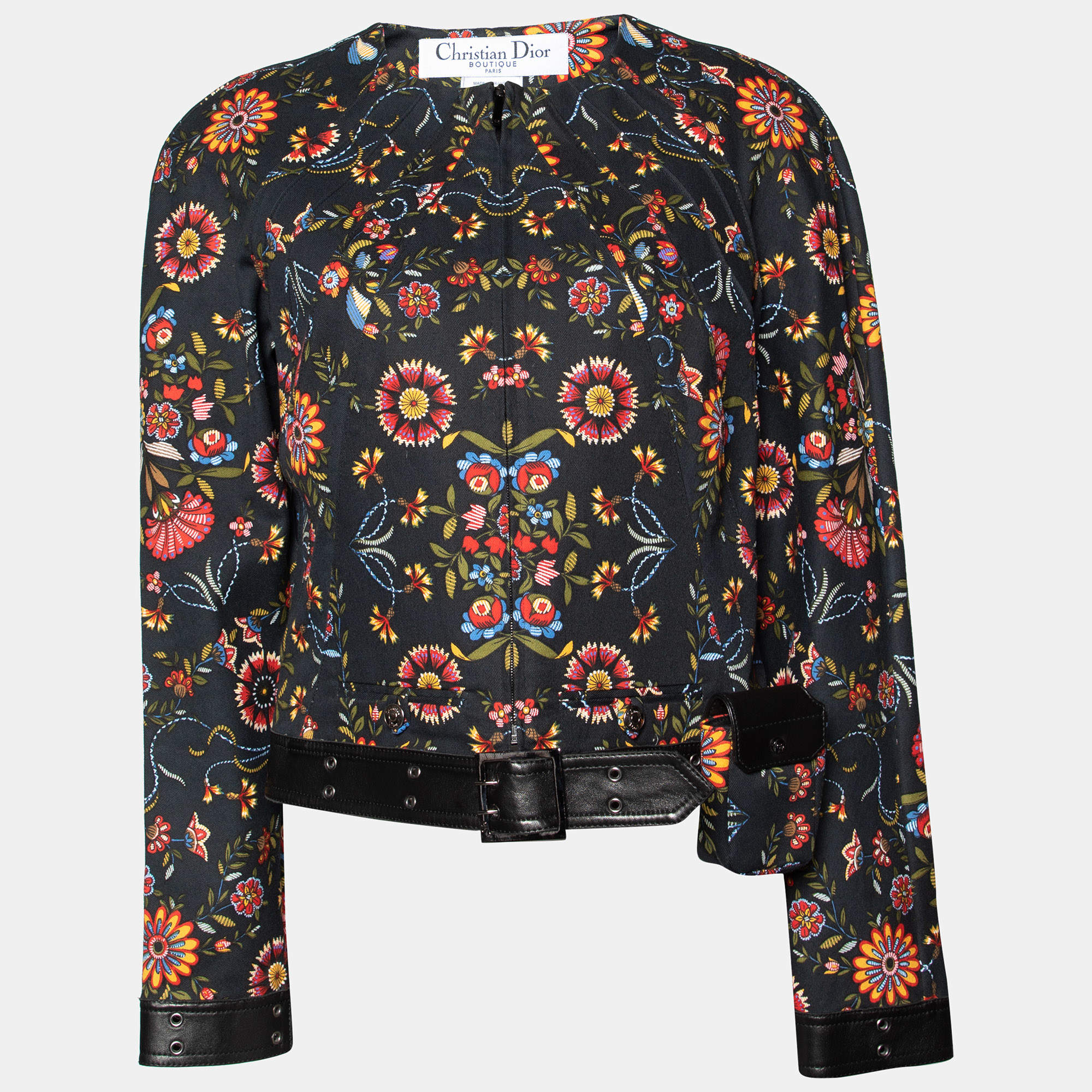 Pre Owned Christian Dior Boutique Black Floral Printed Cotton & Leather Trim Jacket M