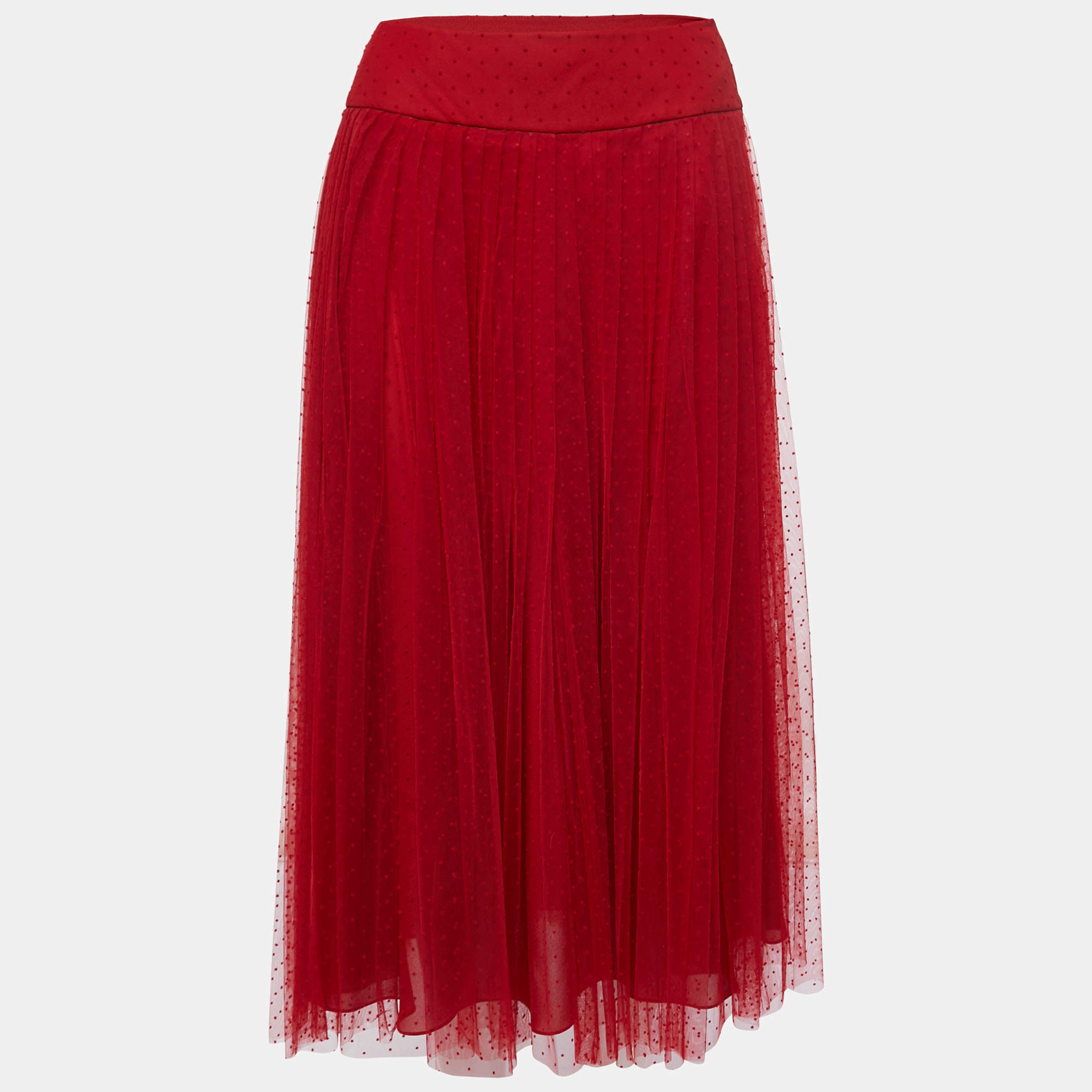 Christian Dior Red Polka Dotted Tulle Overlay Gathered Midi Skirt M