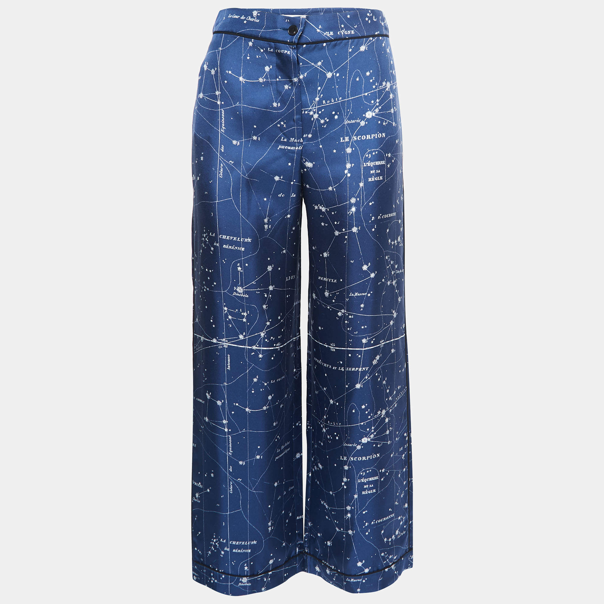 Pre Owned Christian Dior Blue Printed Silk Wide Leg Pants S