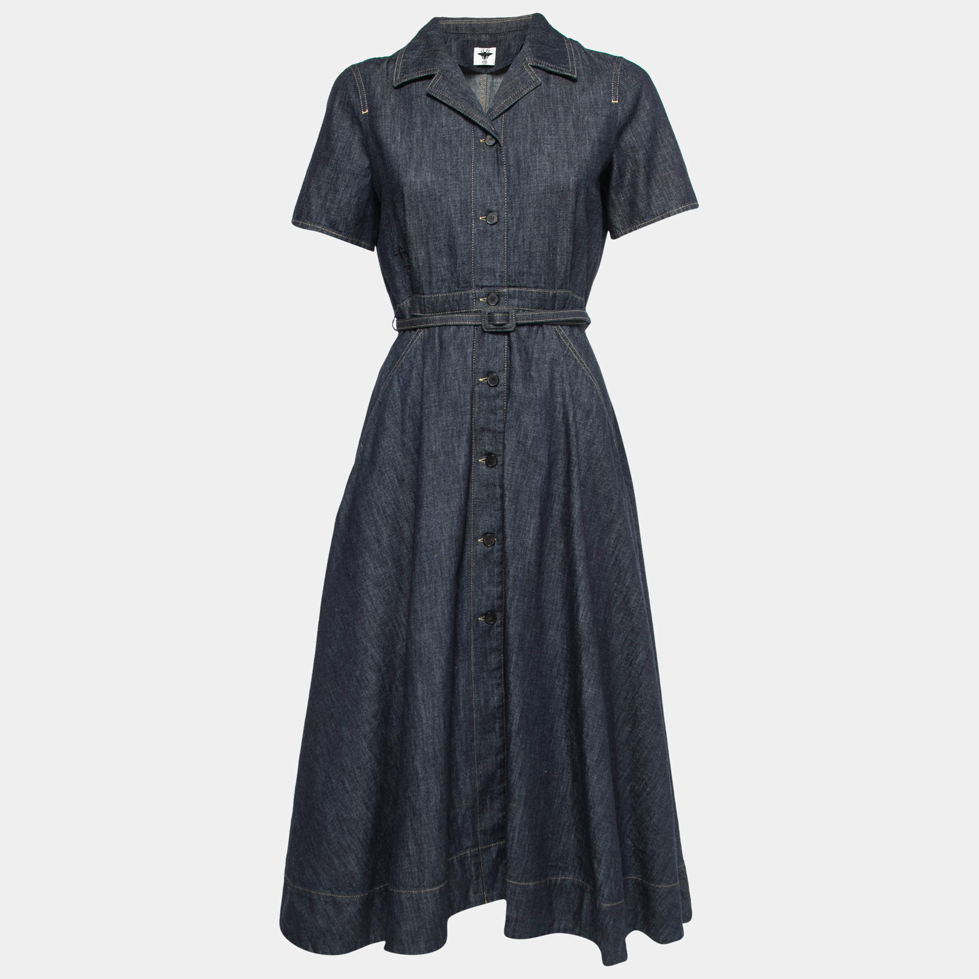 Christian Dior Blue Denim Belted Midi Dress M